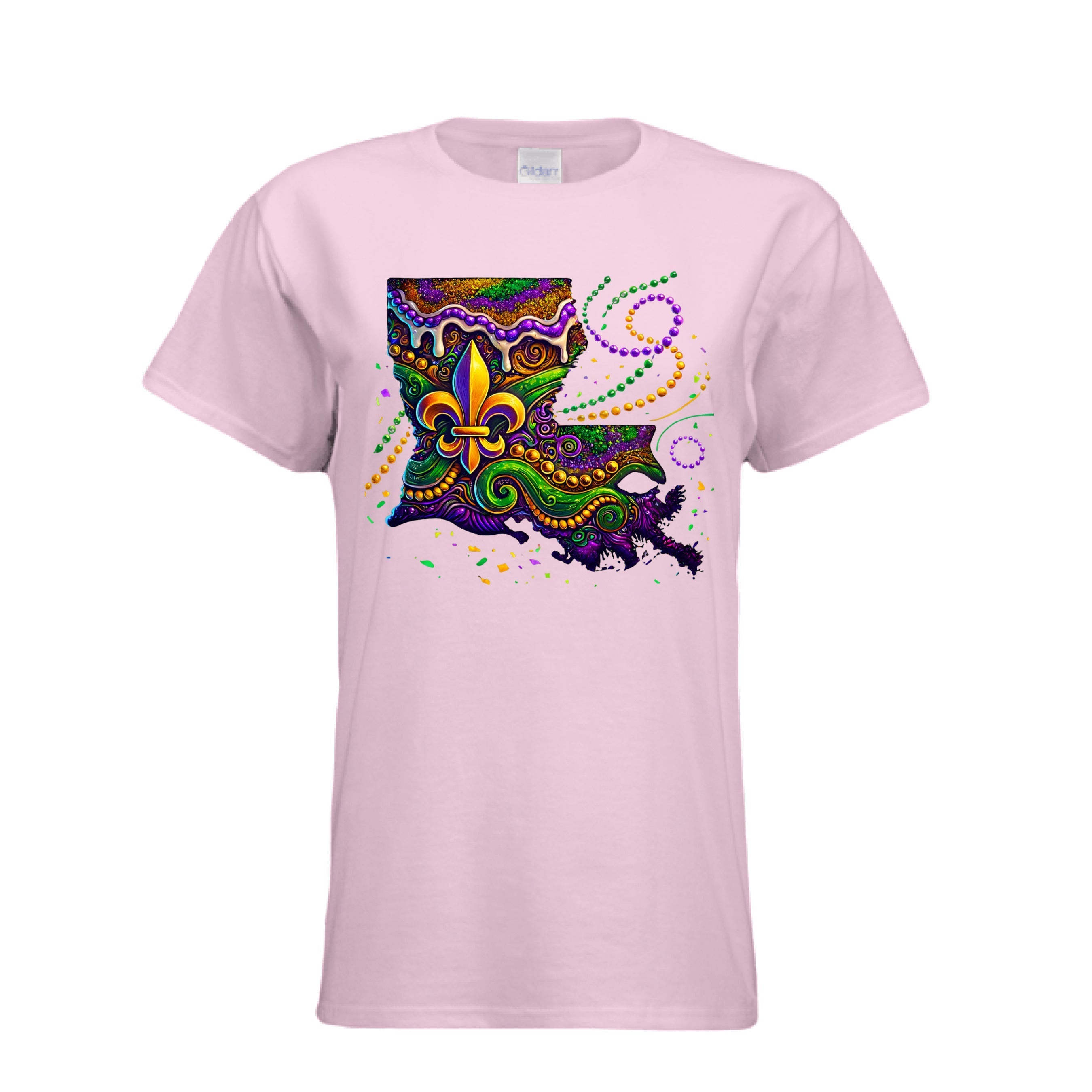 A vibrant graphic Louisiana Carnival T-Shirt featuring the silhouette of the state of Louisiana filled with an intricate Mardi Gras design. The map is decorated with swirls of royal purple, emerald green, and shimmering gold, including a large golden fleur-de-lis, festive beads, and a white dripping icing effect. The design is presented on a pink semi-fitted women's cotton tee.