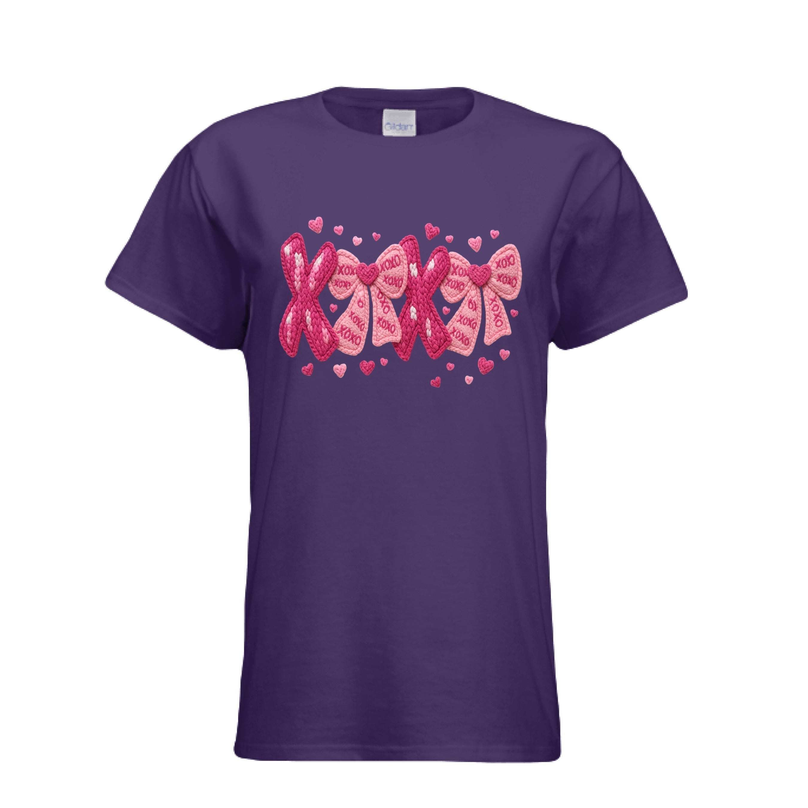 Purple Womens XOXO Coquette Knitted Bows Tee is a unique yarn-textured "Hugs & Kisses" design on a fitted cotton t-shirt. 