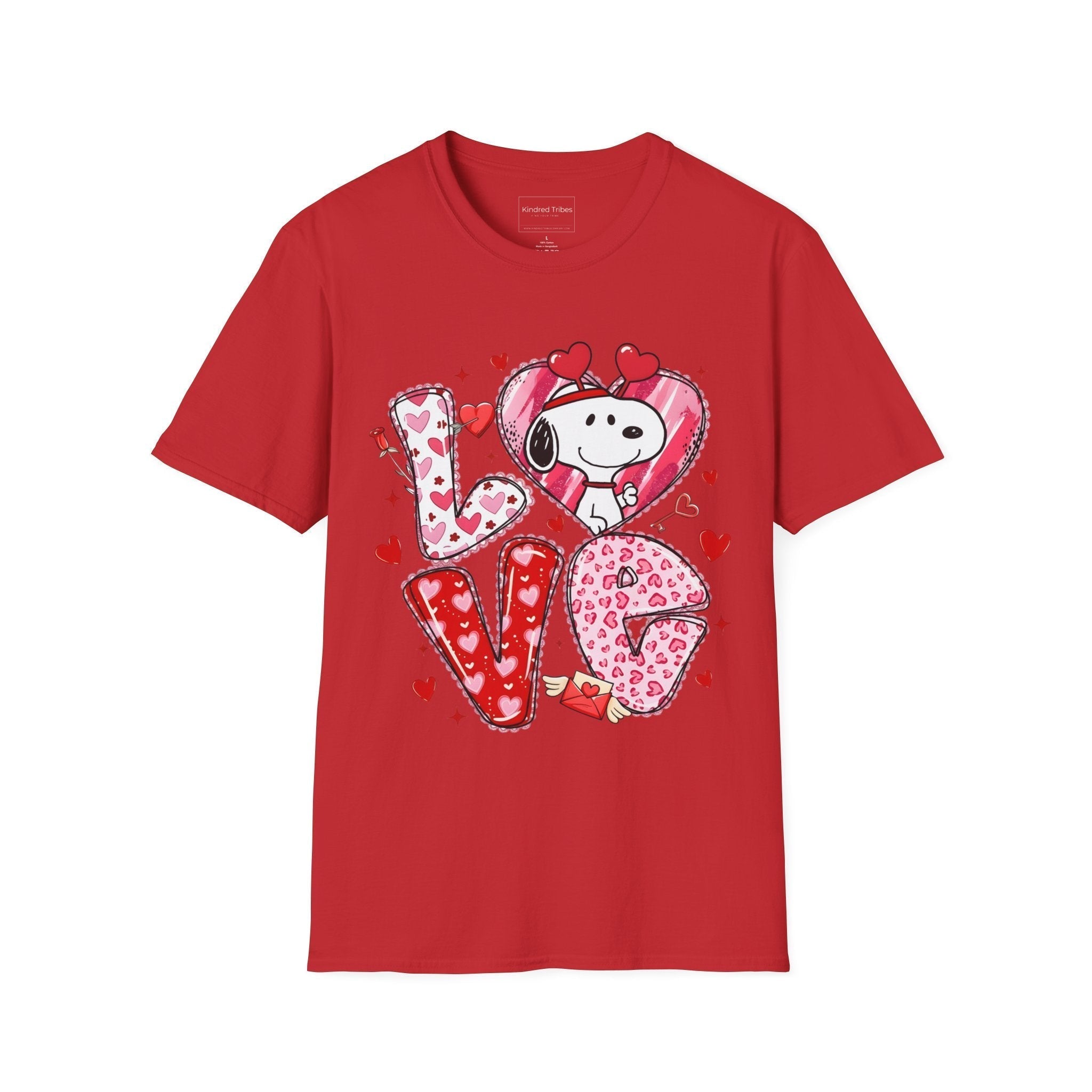 Red Snoopy Love Heart-to-Heart T-Shirt with the letters L-O-V-E on it with pink and red hearts and the letter O is a heart with Snoopy in it. 