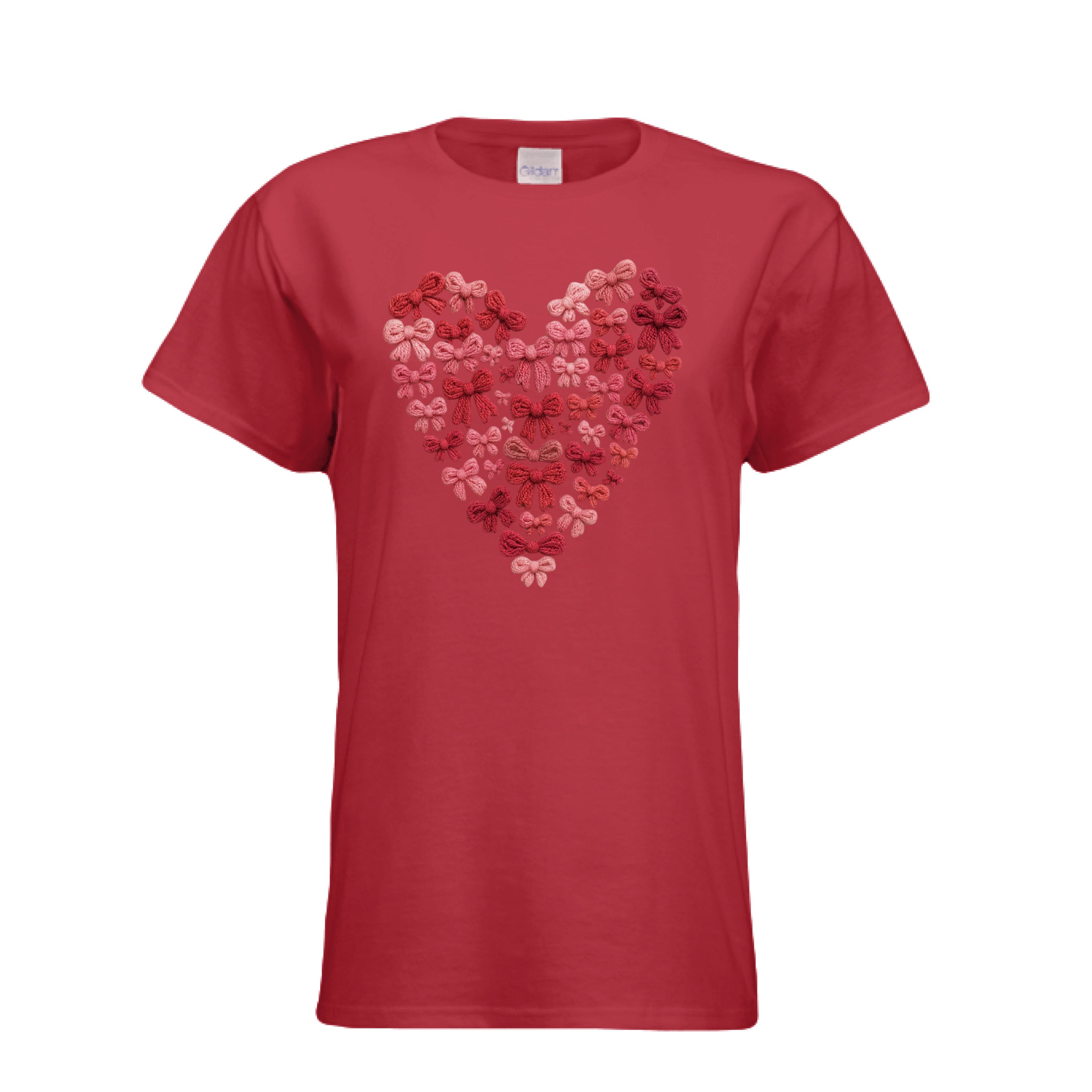 Red Knitted Hearts Coquette Bow Tee with a red heart made out of little bows that appear to be made out of yarn. 