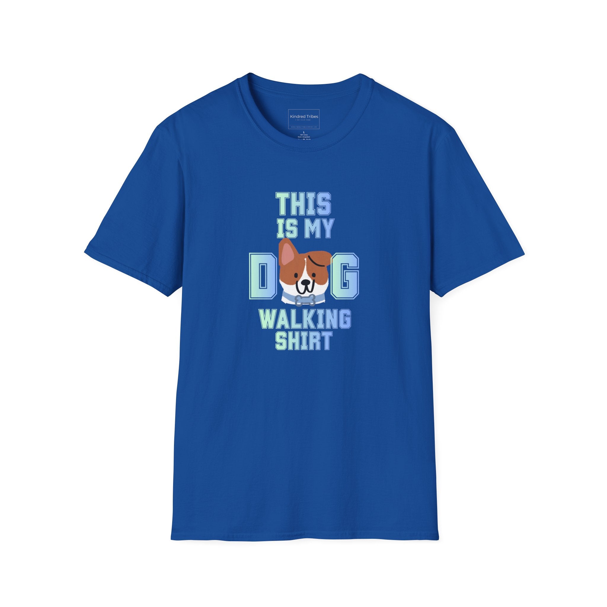 Blue t-shirt with a cute dog graphic and text that reads 'This Is My Dog Walking Shirt'.