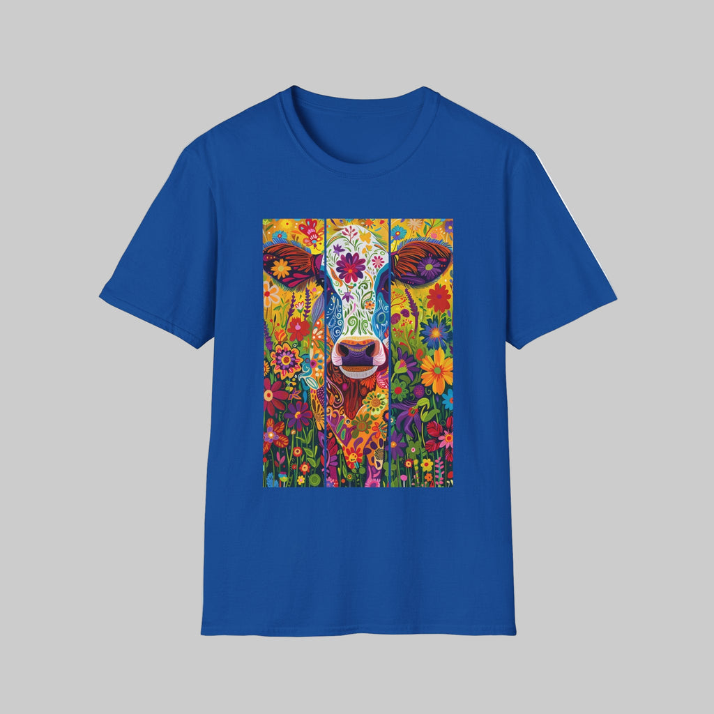 Royal | Unisex | Colorful Floral Cow T-Shirt - Vibrant Folk Art Farm Animal Tee