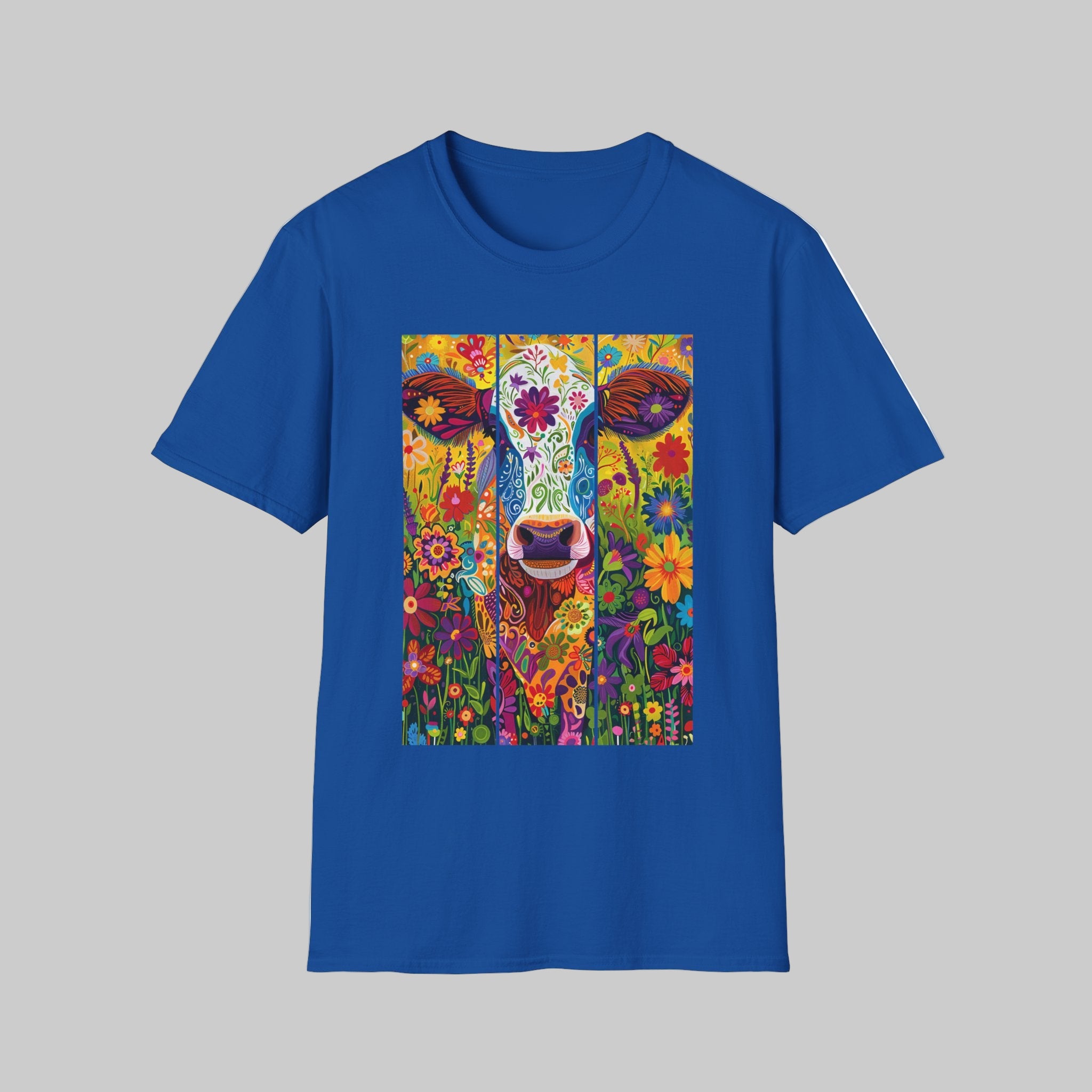 Royal | Unisex | Colorful Floral Cow T-Shirt - Vibrant Folk Art Farm Animal Tee