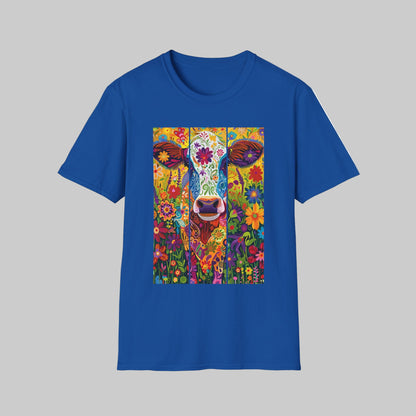 Royal | Unisex | Colorful Floral Cow T-Shirt - Vibrant Folk Art Farm Animal Tee