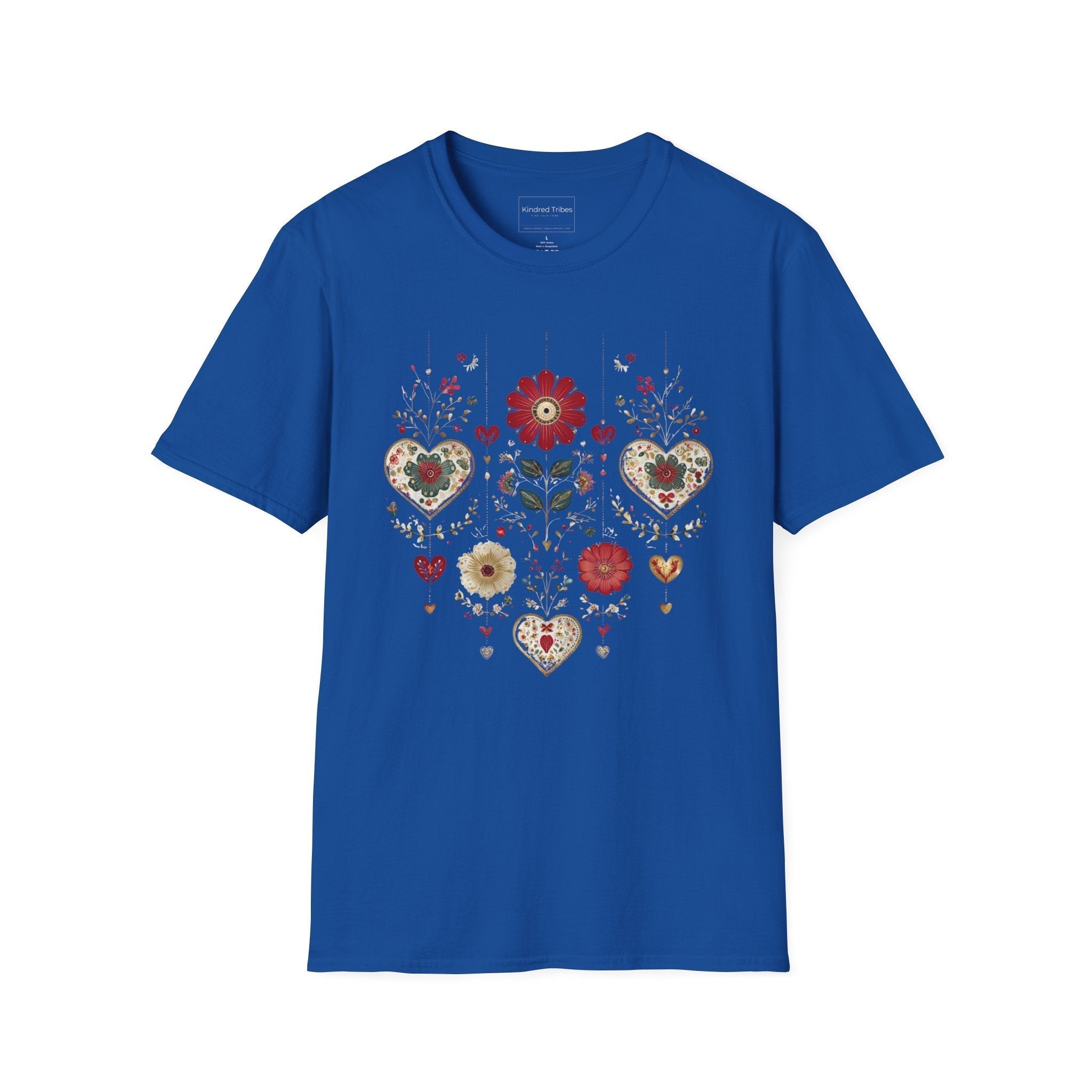 Royal Blue Folk Art Hanging Hearts T-Shirt has a floral folk art design with artisanal hearts.