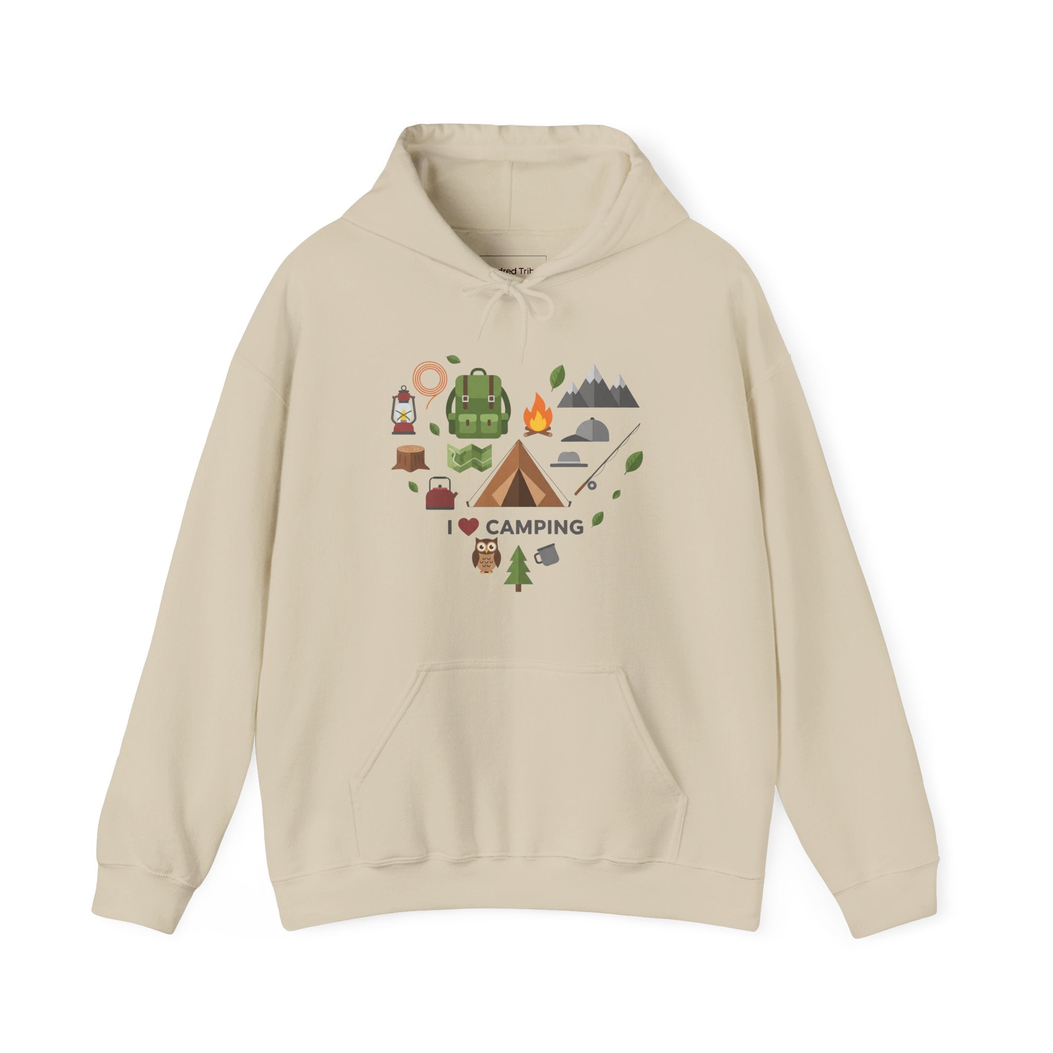 Beige unisex Camping Icons Hoodie with heart-shaped camping graphic including tents, campfires, mountains, and gear, featuring "I ❤️ Camping" text