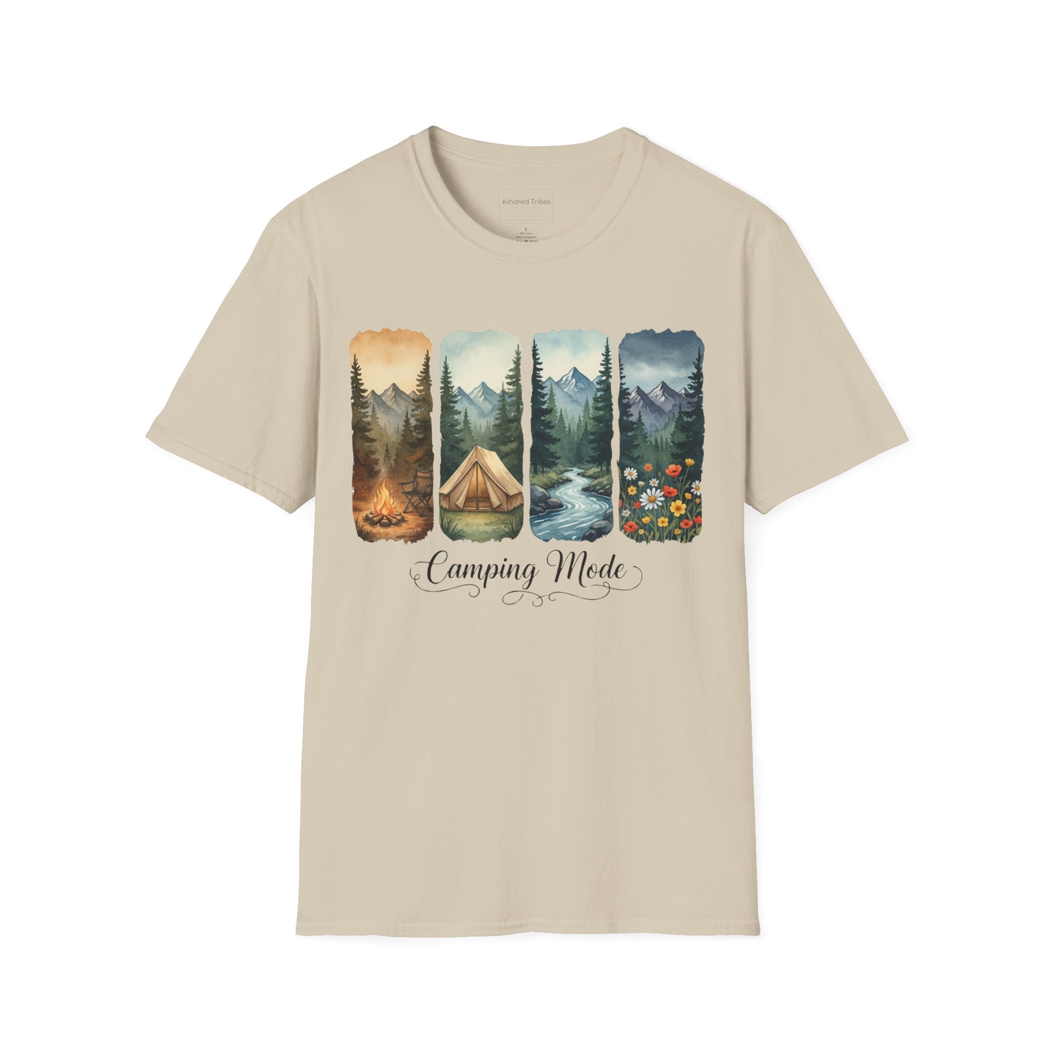 Sand | Unisex | Camping Mode T-Shirt-Scenic Tent & Campfire Nature 