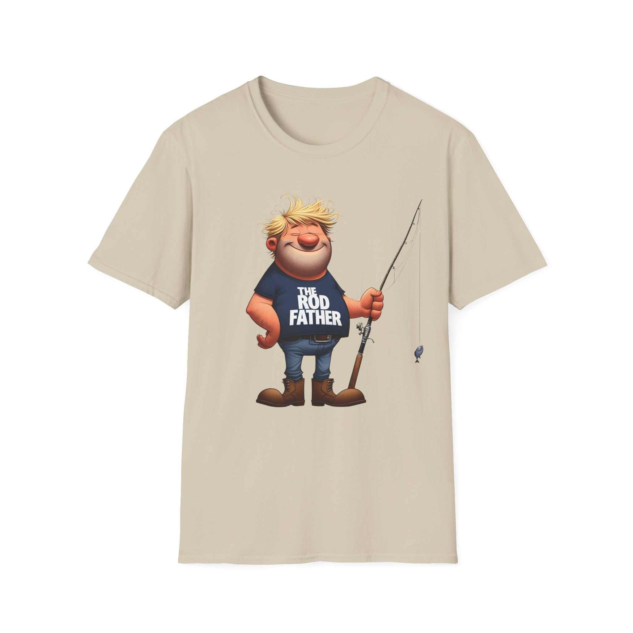 Sand | Unisex | Cartoon Rodfather Fishing T-Shirt | Perfect Gift for Dad