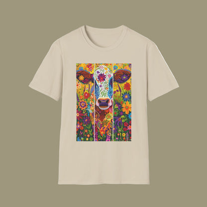 Sand | Unisex | Colorful Floral Cow T-Shirt - Vibrant Folk Art Farm Animal Tee