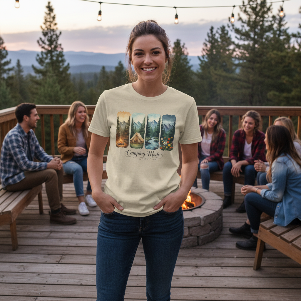 Sand | Unisex | Lifestyle | Camping Mode T-Shirt - Scenic Tent Campfire Nature
