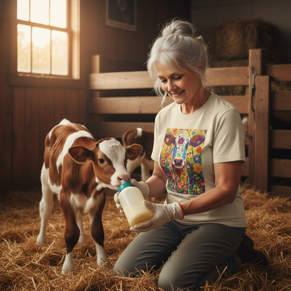 Sand | Unisex | Lifestyle | Colorful Floral Cow T-Shirt - Vibrant Folk Art Farm Animal Tee