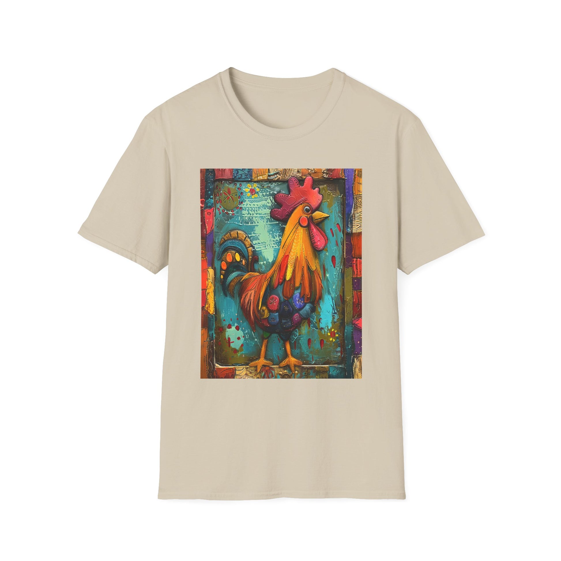 Sand | Unisex | Rooster Farmhouse T-Shirt - Colorful Rustic Rooster Art Tee