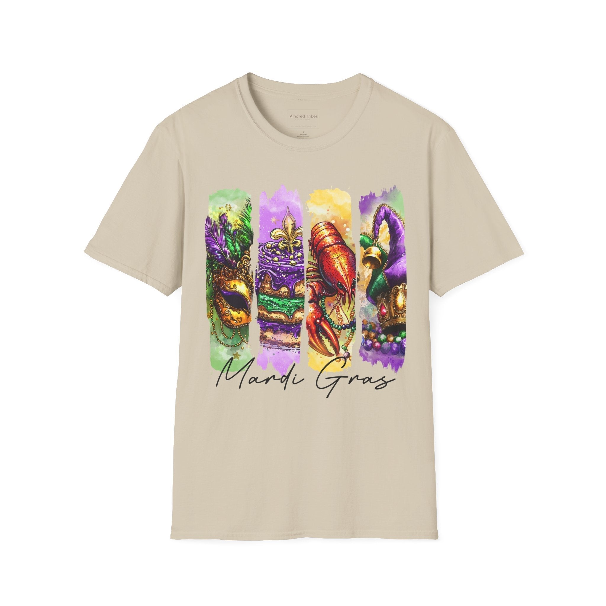The Ultimate Mardi Gras Tee in beige featuring a four-panel vertical graphic celebrating Mardi Gras. The panels, from left to right, depict an ornate golden masquerade mask on a green background, a purple-iced King Cake with a fleur-de-lis on a purple background, a vibrant red crawfish on a yellow background, and a jester's hat with colorful beads on a purple background. Below the panels, 'Mardi Gras' is written in elegant black script.