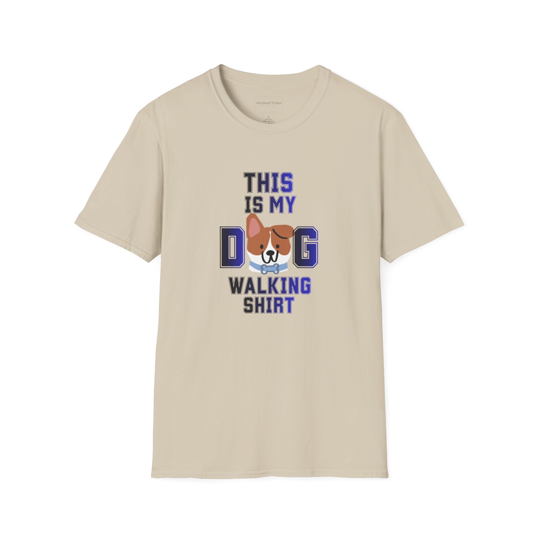 Beige t-shirt with a cute dog graphic and text that reads 'This Is My Dog Walking Shirt'.