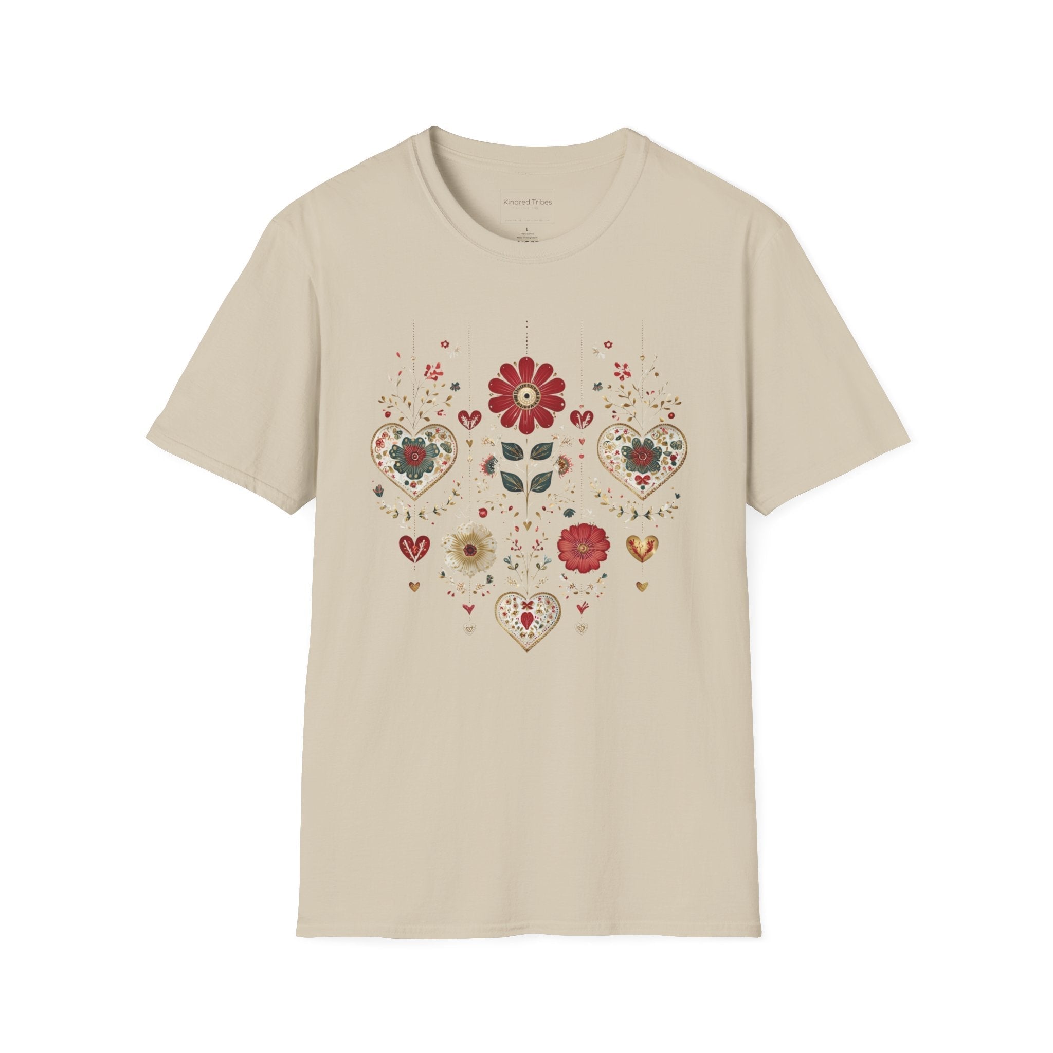 Beige Folk Art Hanging Hearts T-Shirt has a floral folk art design with artisanal hearts.