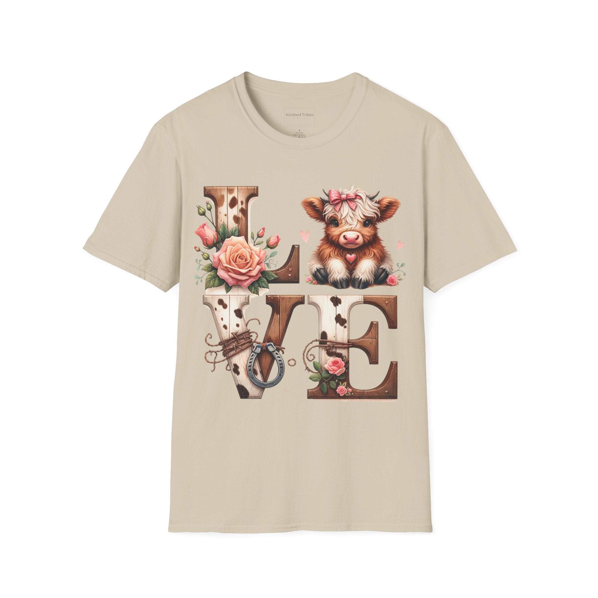 Beige t-shirt with a baby highland cow  and floral highlights around wooden and cow hide letters spelling 'LOVE'.