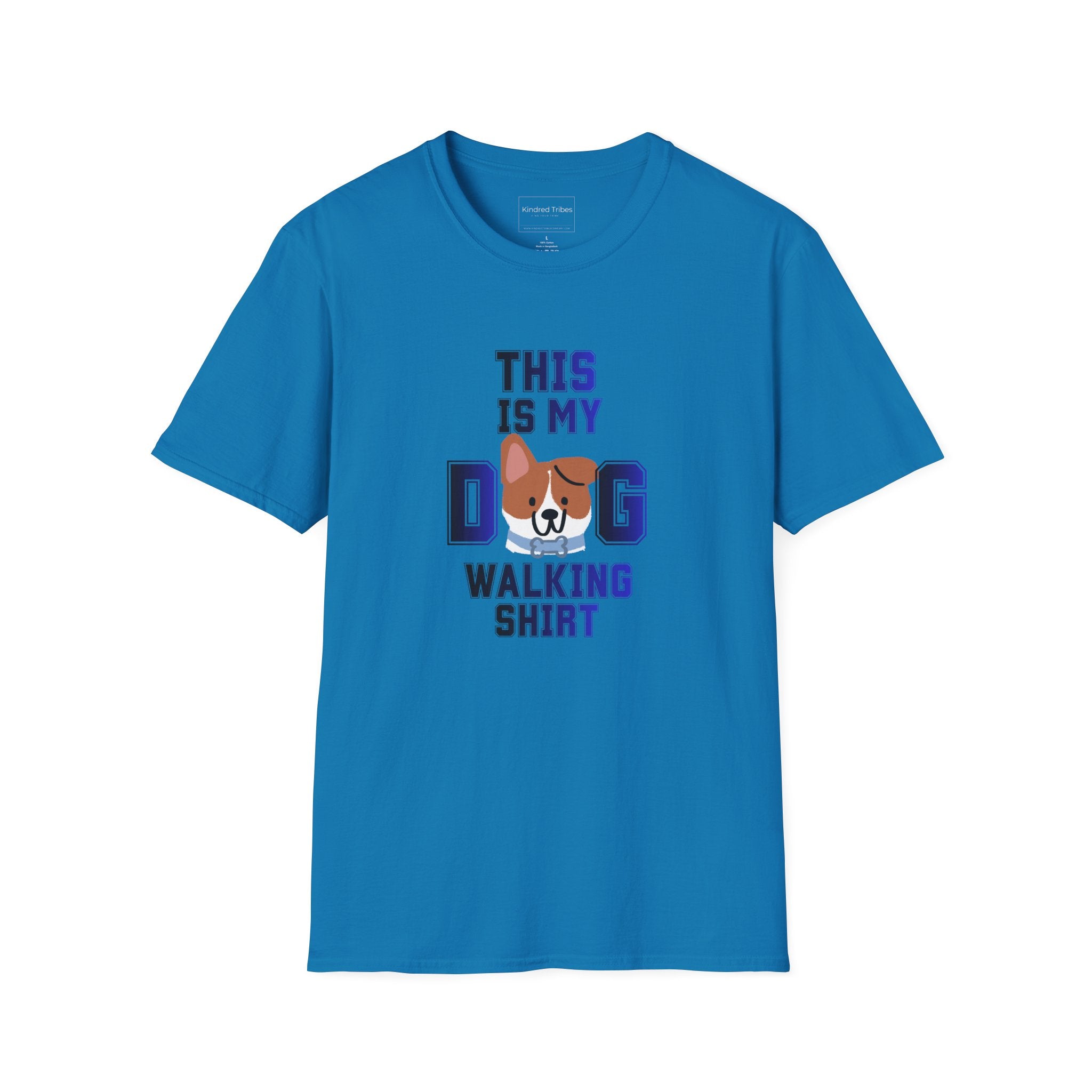Blue t-shirt with a cute dog graphic and text that reads 'This Is My Dog Walking Shirt'.