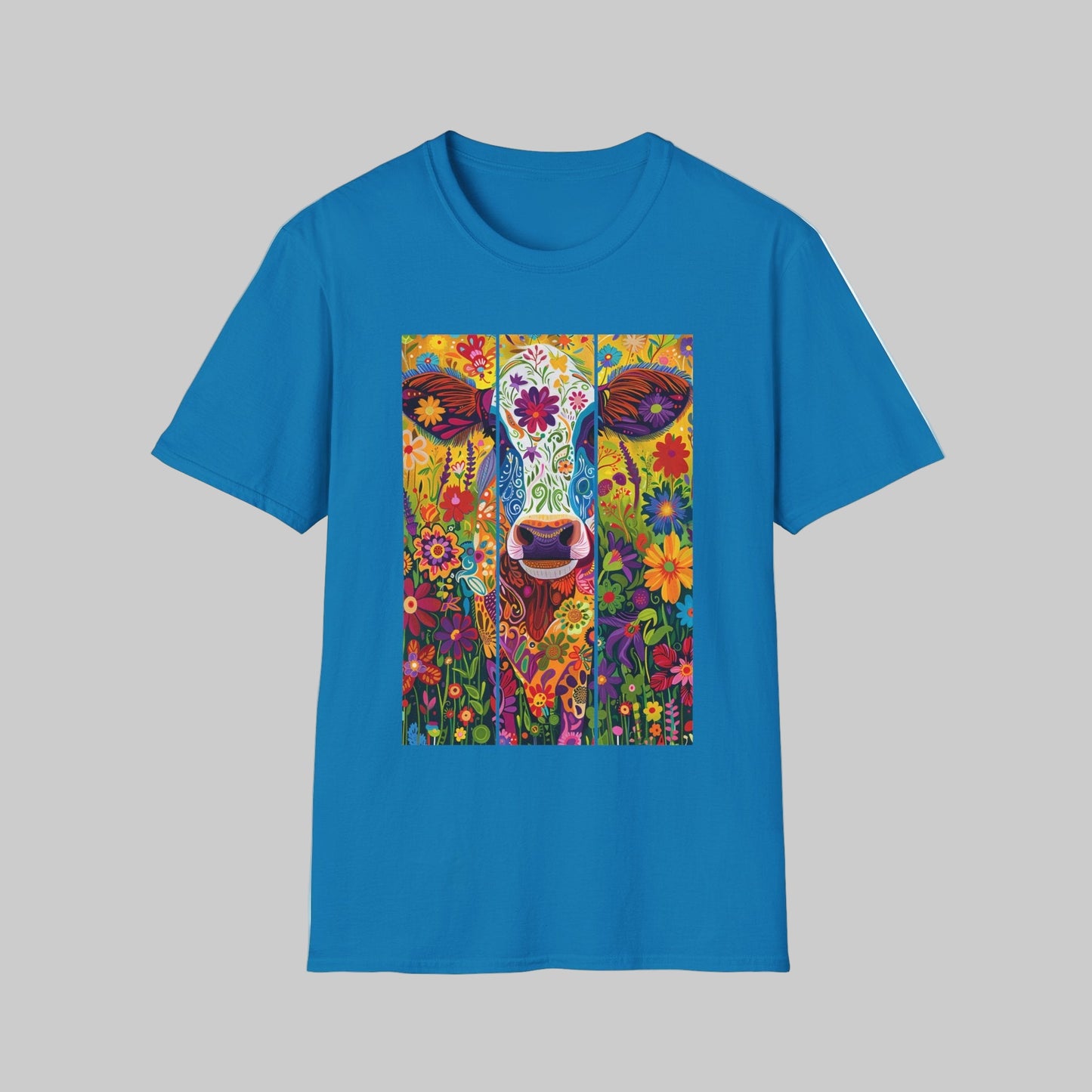 Sapphire | Unisex | Colorful Floral Cow T-Shirt - Vibrant Folk Art Farm Animal Tee