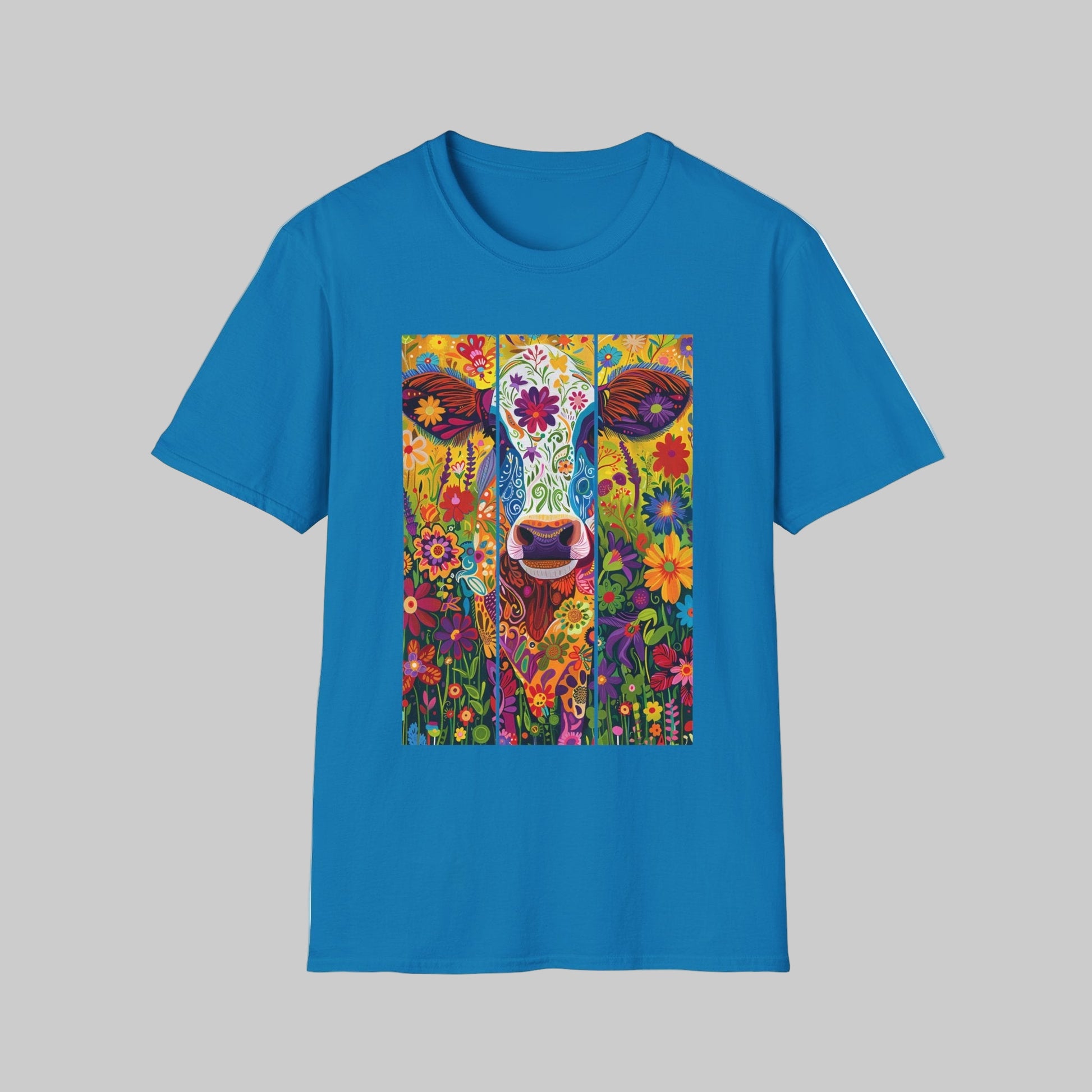 Sapphire | Unisex | Colorful Floral Cow T-Shirt - Vibrant Folk Art Farm Animal Tee