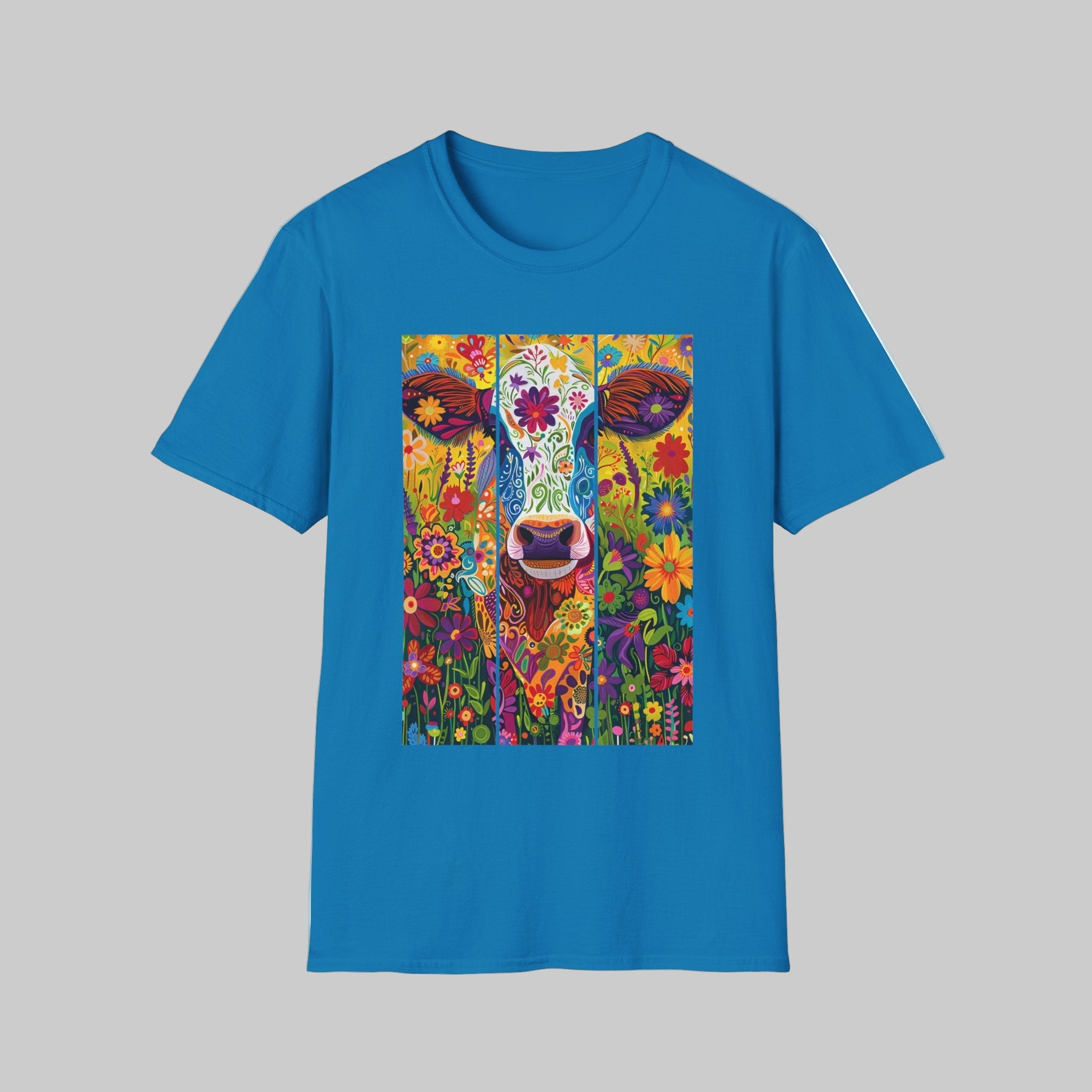 Sapphire | Unisex | Colorful Floral Cow T-Shirt - Vibrant Folk Art Farm Animal Tee