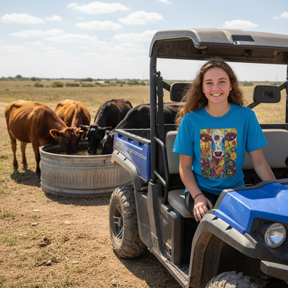 Sapphire | Unisex | Colorful Floral Cow T-Shirt - Vibrant Folk Art Farm Animal Tee