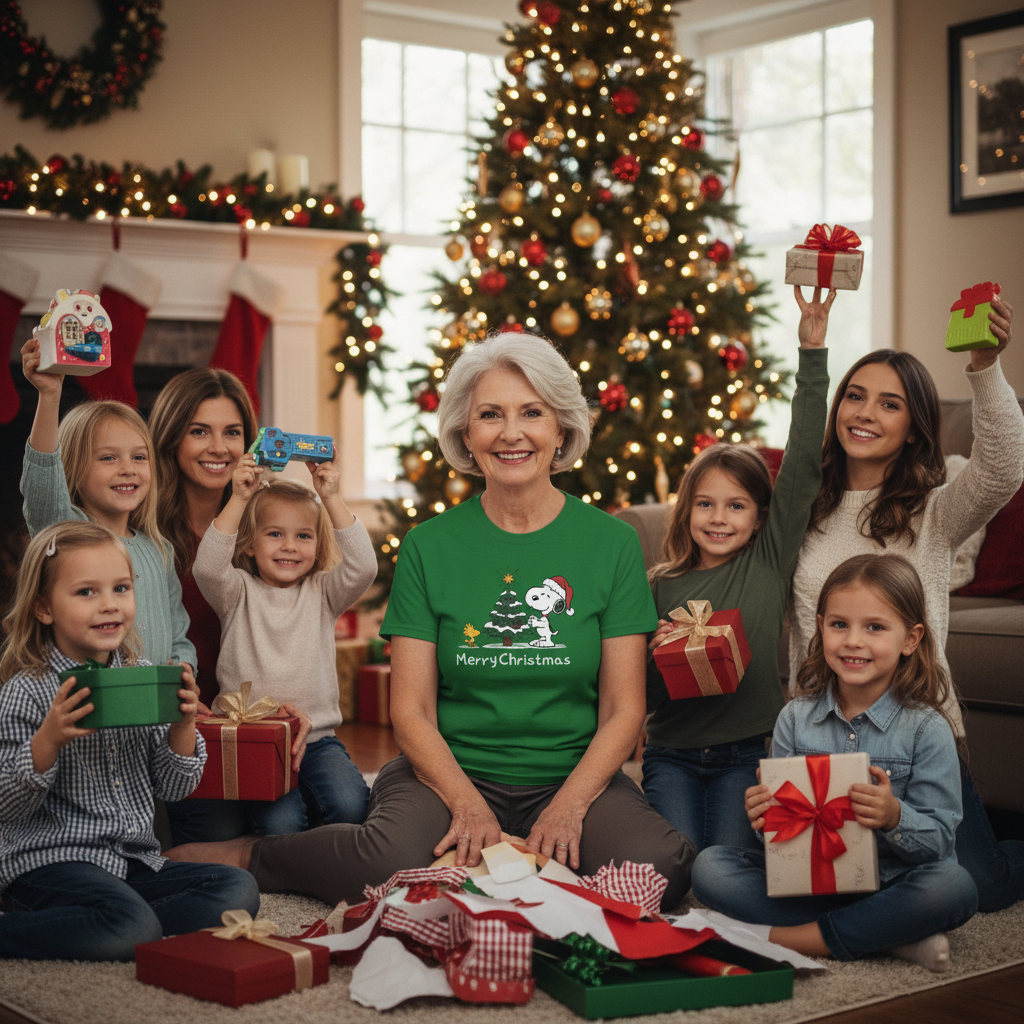 Woman wearing green Snoopy & Woodstock Merry Christmas T-shirt sitting with children holding Christmas gifts by decorated tree