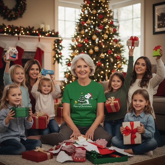 Woman wearing green Snoopy & Woodstock Merry Christmas T-shirt sitting with children holding Christmas gifts by decorated tree