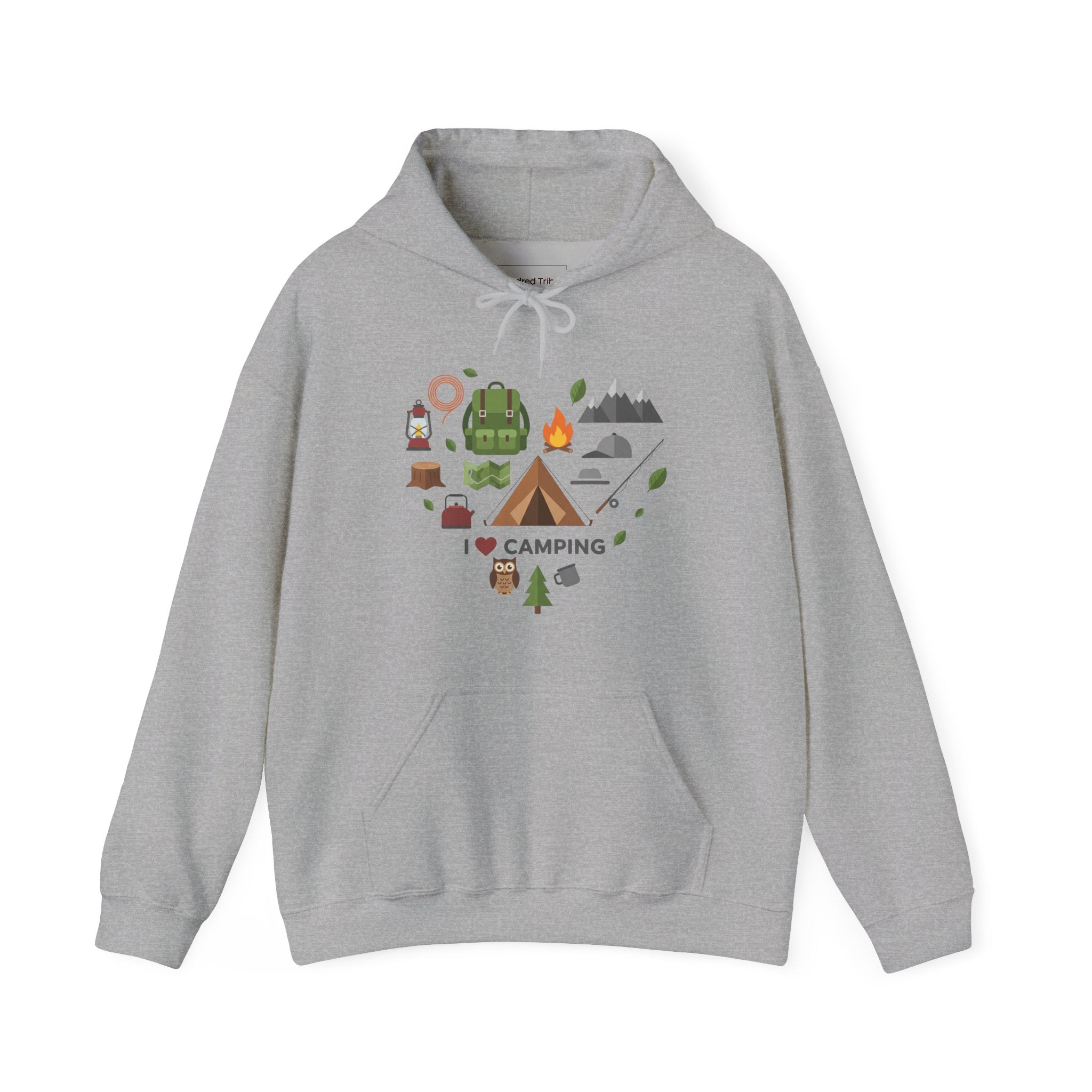 Gray Camping Icons Hoodie with "I ❤️ Camping" heart-shaped graphic of camping gear and nature symbols