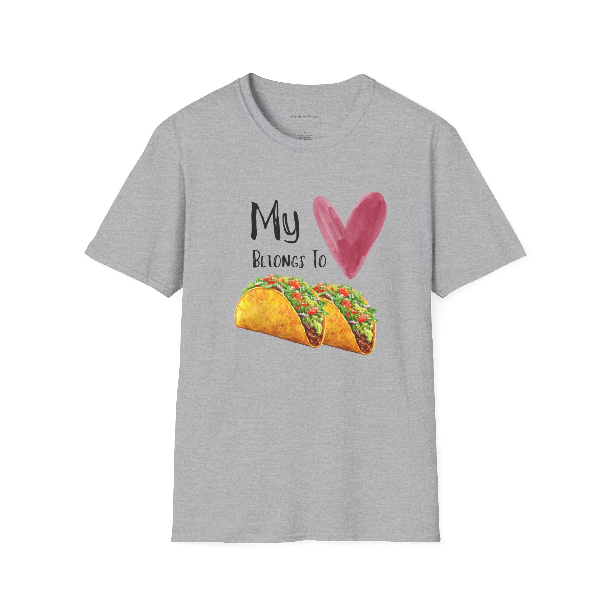 Sport Grey T-Shirt bearing the "My Heart Belongs To Tacos" sentiment where the word heart is replaced with a watercolored heart and tacos is replaced with two tacos.  
