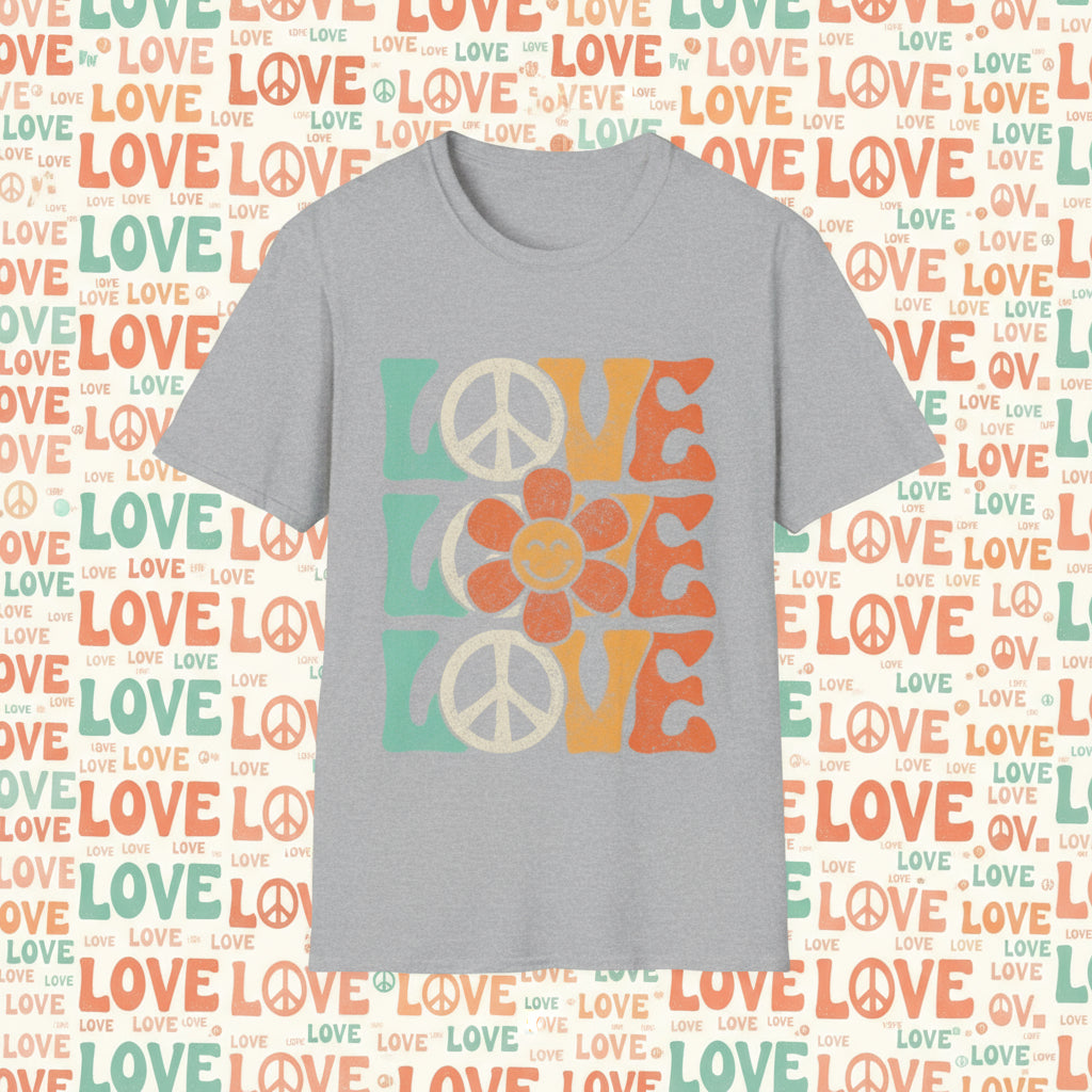 Sport Grey | Unisex | Retro Peace and Love T-Shirt - Smiling Flower Hippie Tee