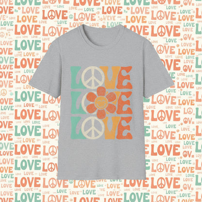Sport Grey | Unisex | Retro Peace and Love T-Shirt - Smiling Flower Hippie Tee