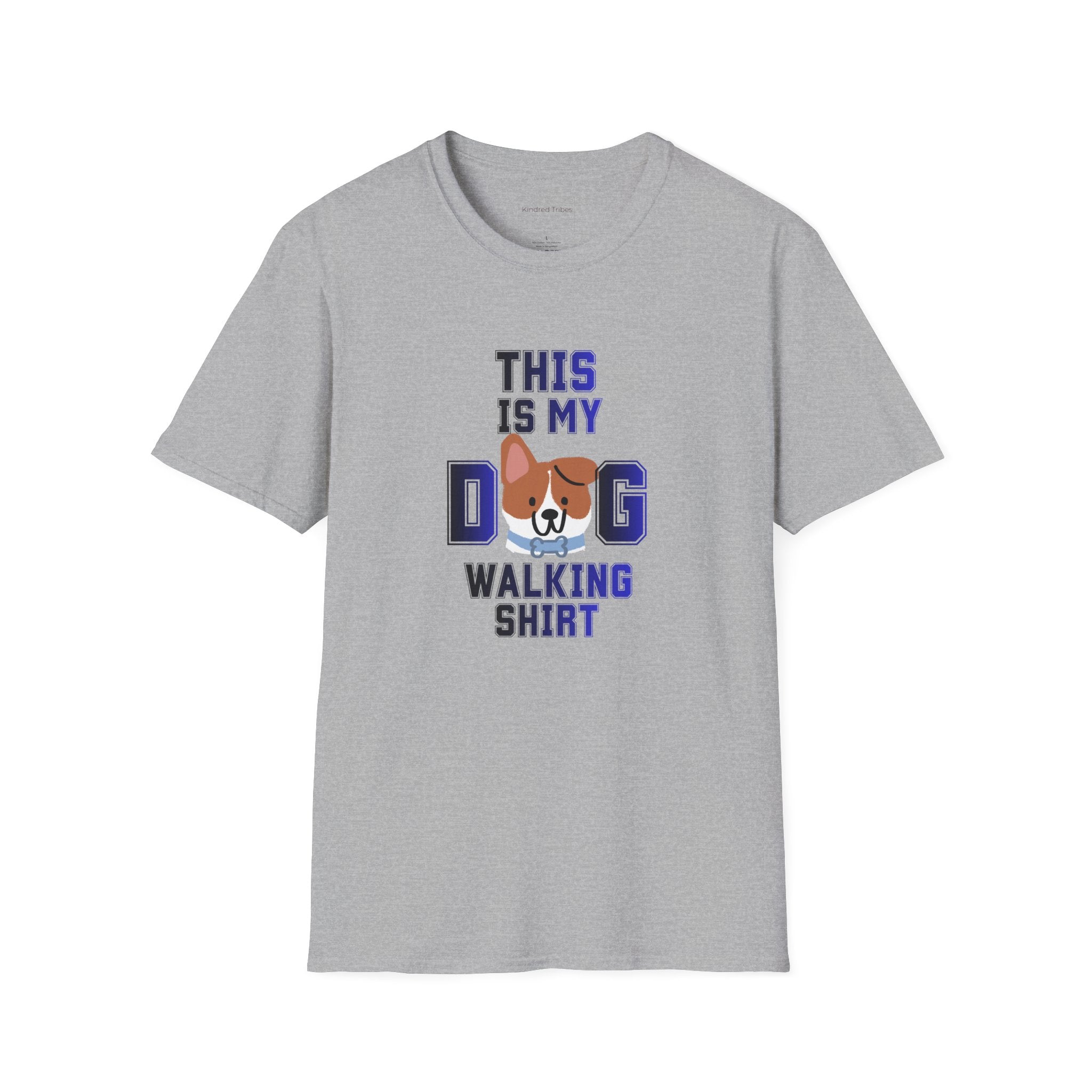 Gray t-shirt with a cute dog graphic and text that reads 'This Is My Dog Walking Shirt'.