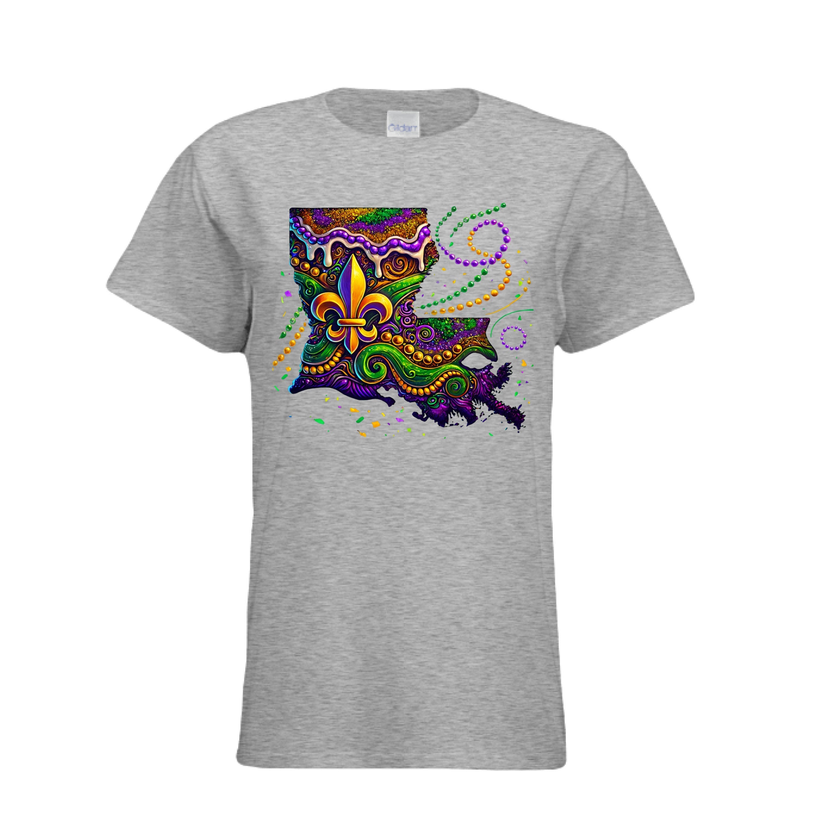 A vibrant graphic Louisiana Carnival T-Shirt featuring the silhouette of the state of Louisiana filled with an intricate Mardi Gras design. The map is decorated with swirls of royal purple, emerald green, and shimmering gold, including a large golden fleur-de-lis, festive beads, and a white dripping icing effect. The design is presented on a sport grey semi-fitted women's cotton tee.