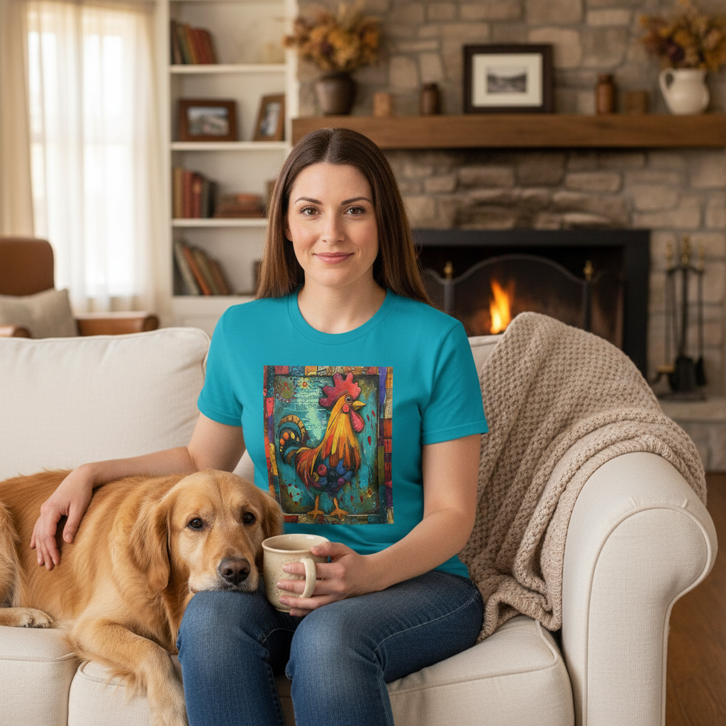 Tropical Blue | Unisex | Lifestyle | Rooster Farmhouse T-Shirt - Colorful Rustic Rooster Art Tee