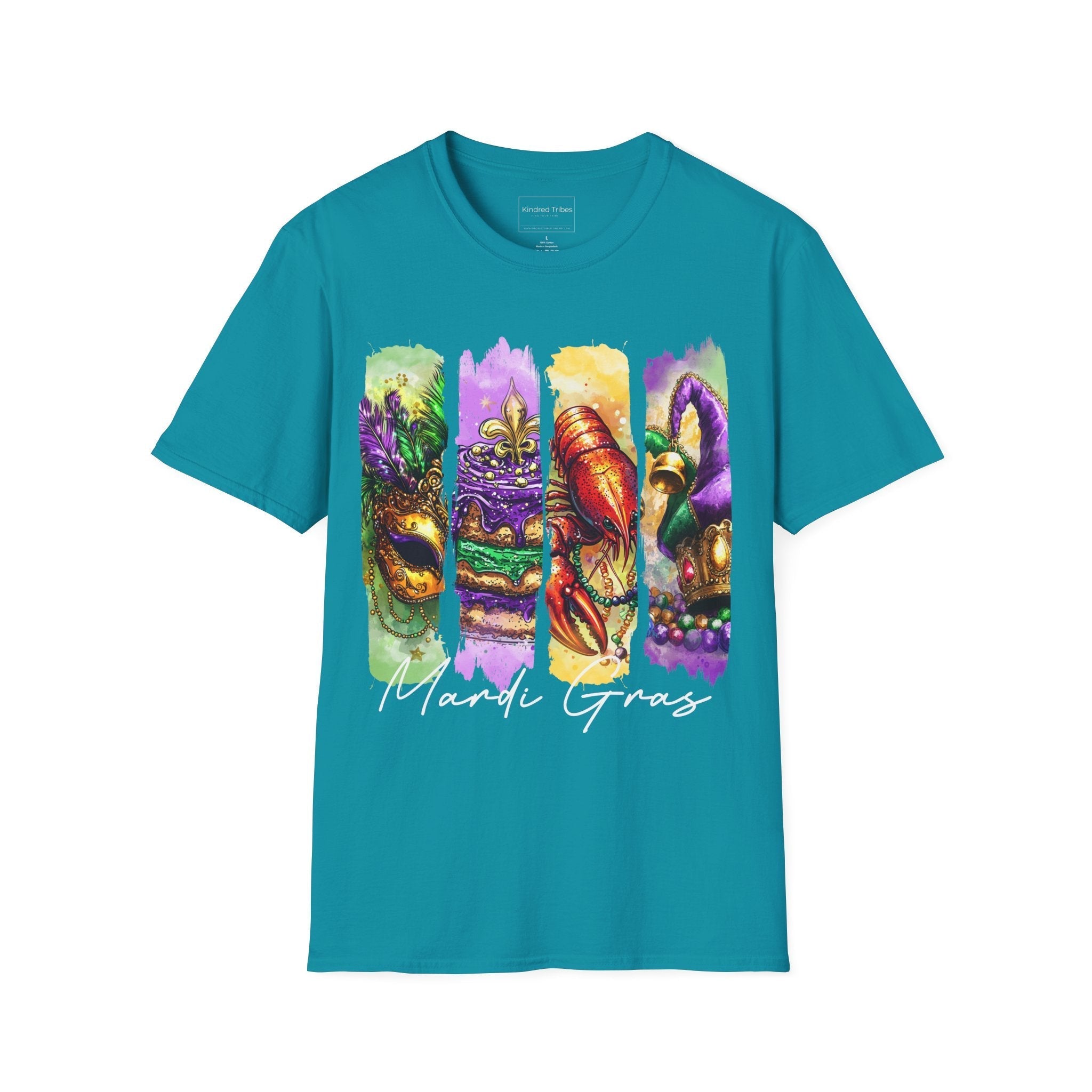 The Ultimate Mardi Gras Tee in Tropical Blue (teal) featuring a four-panel vertical graphic celebrating Mardi Gras. The panels, from left to right, depict an ornate golden masquerade mask on a green background, a purple-iced King Cake with a fleur-de-lis on a purple background, a vibrant red crawfish on a yellow background, and a jester's hat with colorful beads on a purple background. Below the panels, 'Mardi Gras' is written in elegant black script.