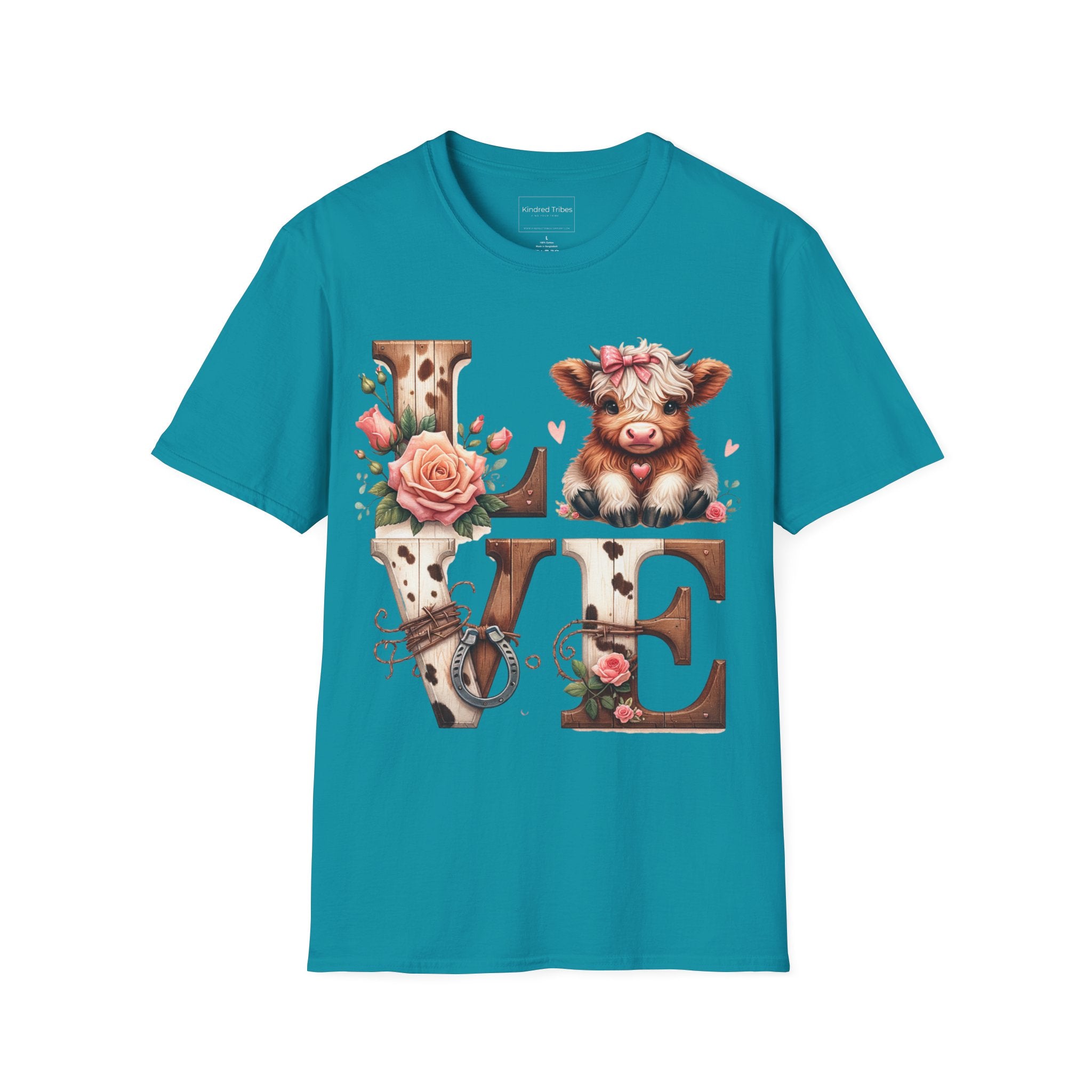 Tropical Blue t-shirt with a baby highland cow  and floral highlights around wooden and cow hide letters spelling 'LOVE'.