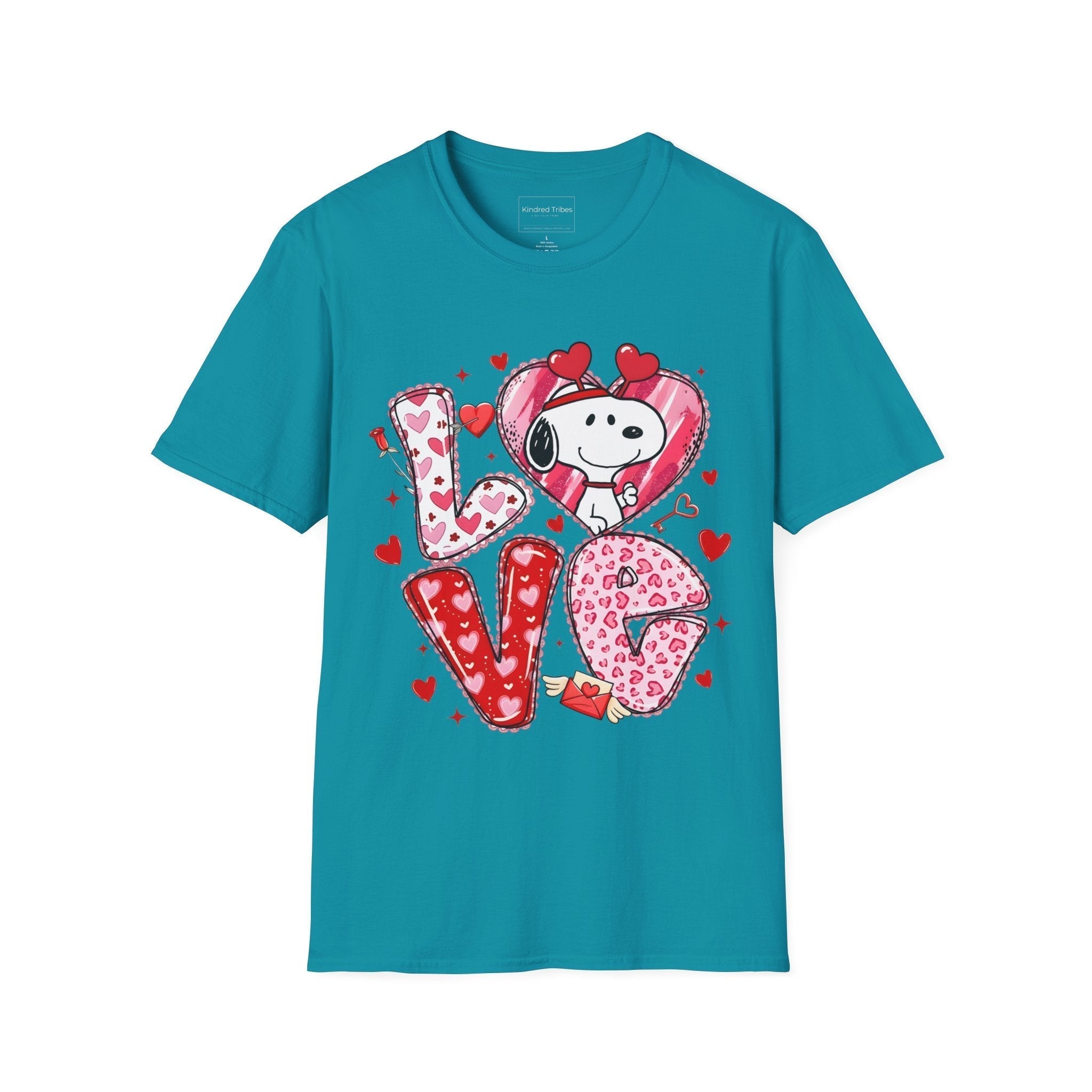 Tropical Blue Snoopy Love Heart-to-Heart T-Shirt with the letters L-O-V-E on it with pink and red hearts and the letter O is a heart with Snoopy in it. 