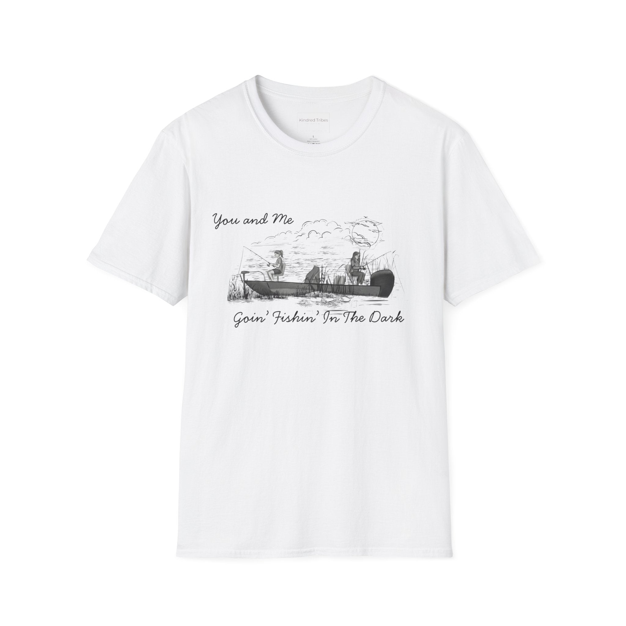 The Best Friends Fishin' In The Dark T-Shirt shows two women in a fishing boat fishing with the moon shining down in a black and white hand sketched print design on a white cotton tee.