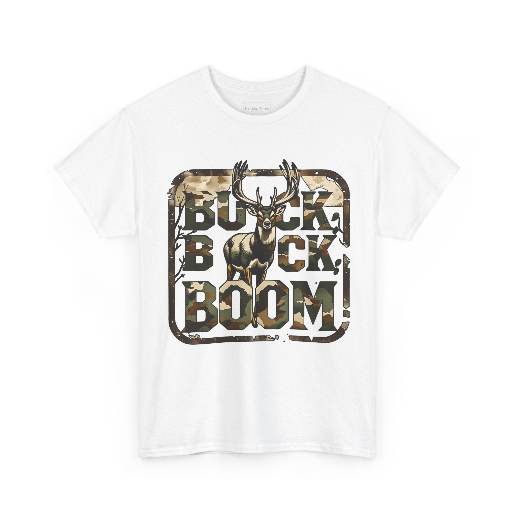 White | Unisex | Buck Buck Boom! Camo Deer Hunting T-Shirt | Gift for Hunter
