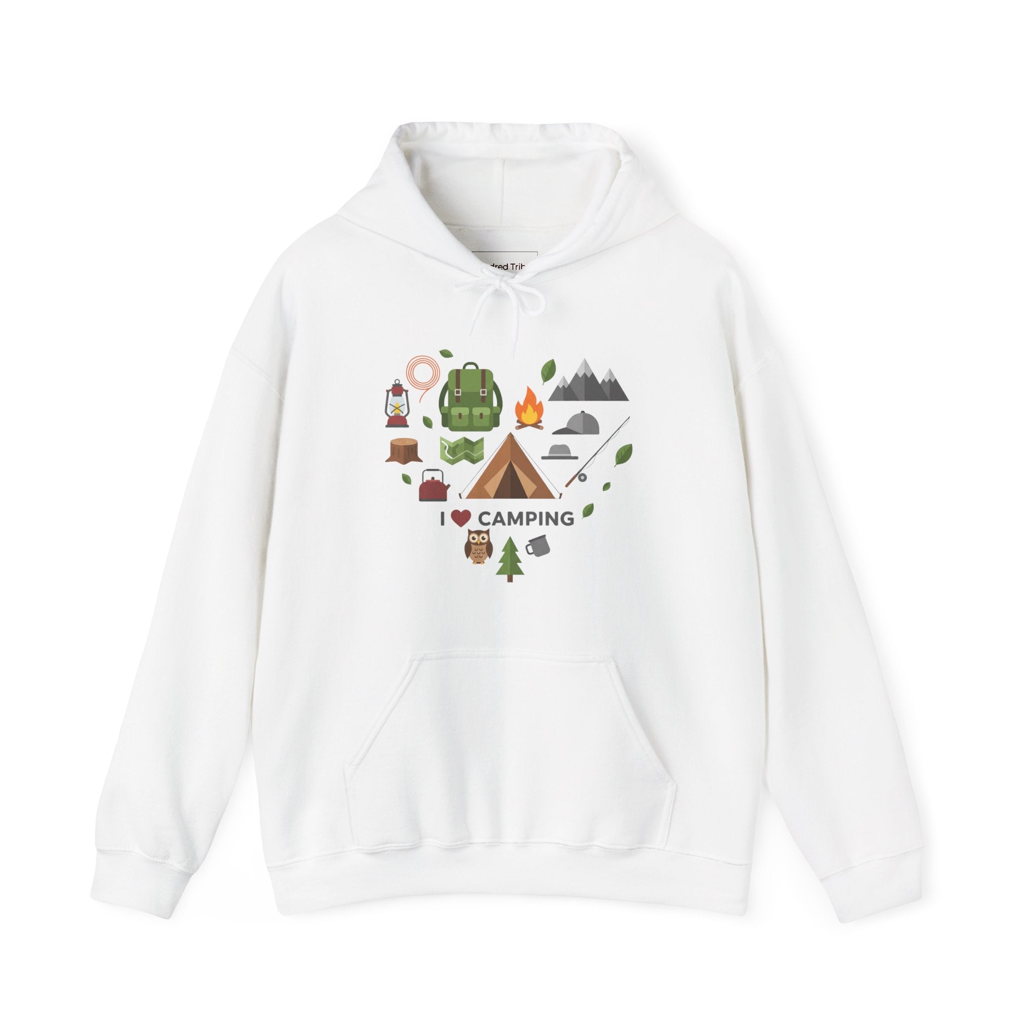 White Camping Icons Hoodie with heart-shaped camping graphic including tent, campfire, backpack, and mountains
