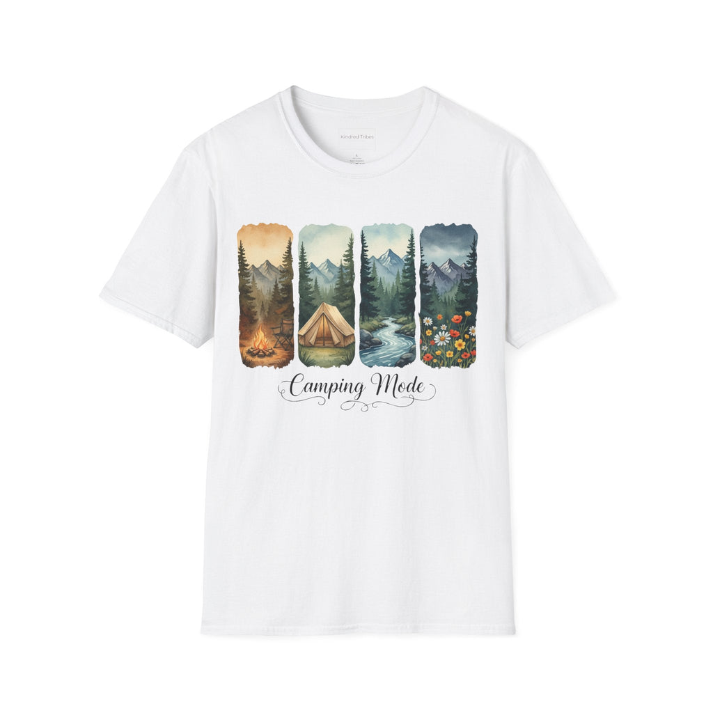 White | Unisex | Camping Mode T-Shirt-Scenic Tent & Campfire Nature Graphic