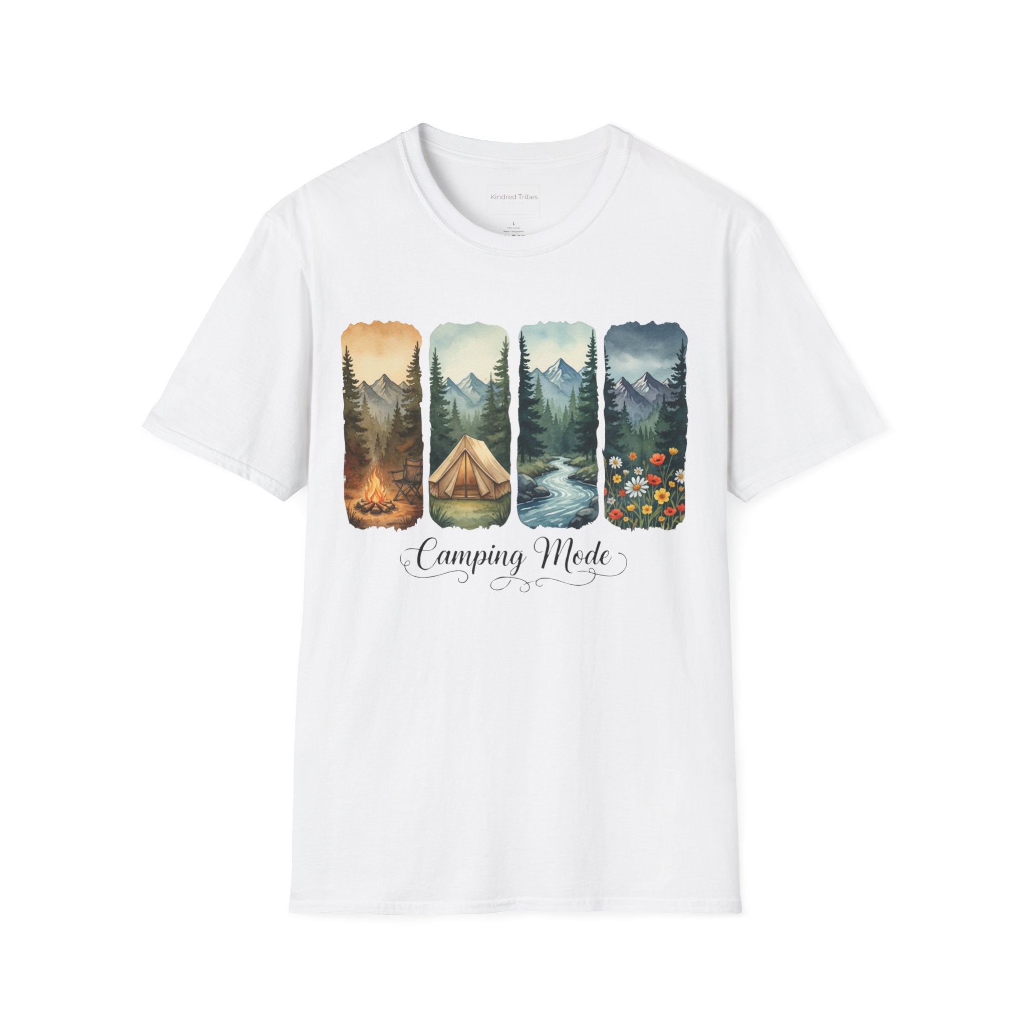 White | Unisex | Camping Mode T-Shirt-Scenic Tent & Campfire Nature Graphic