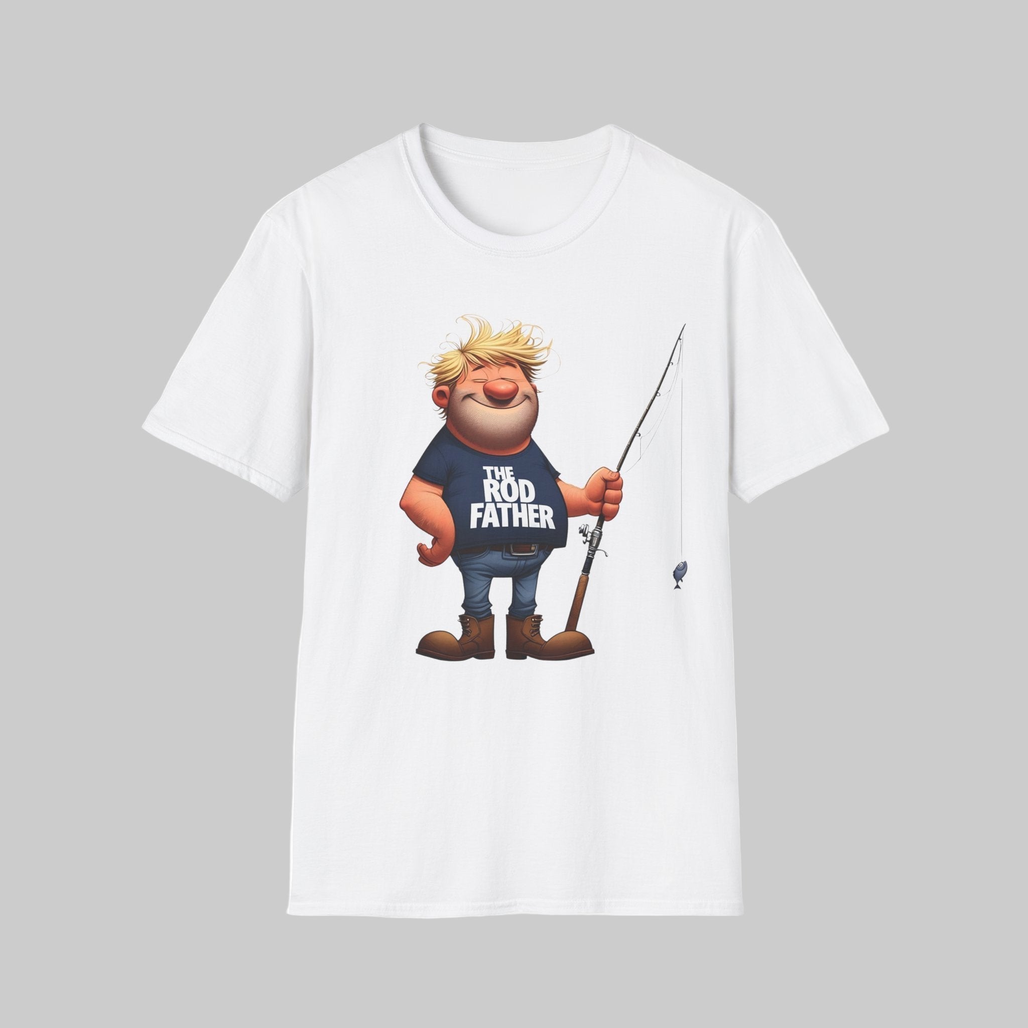 White | Unisex | Cartoon Rodfather Fishing T-Shirt | Perfect Gift for Dad