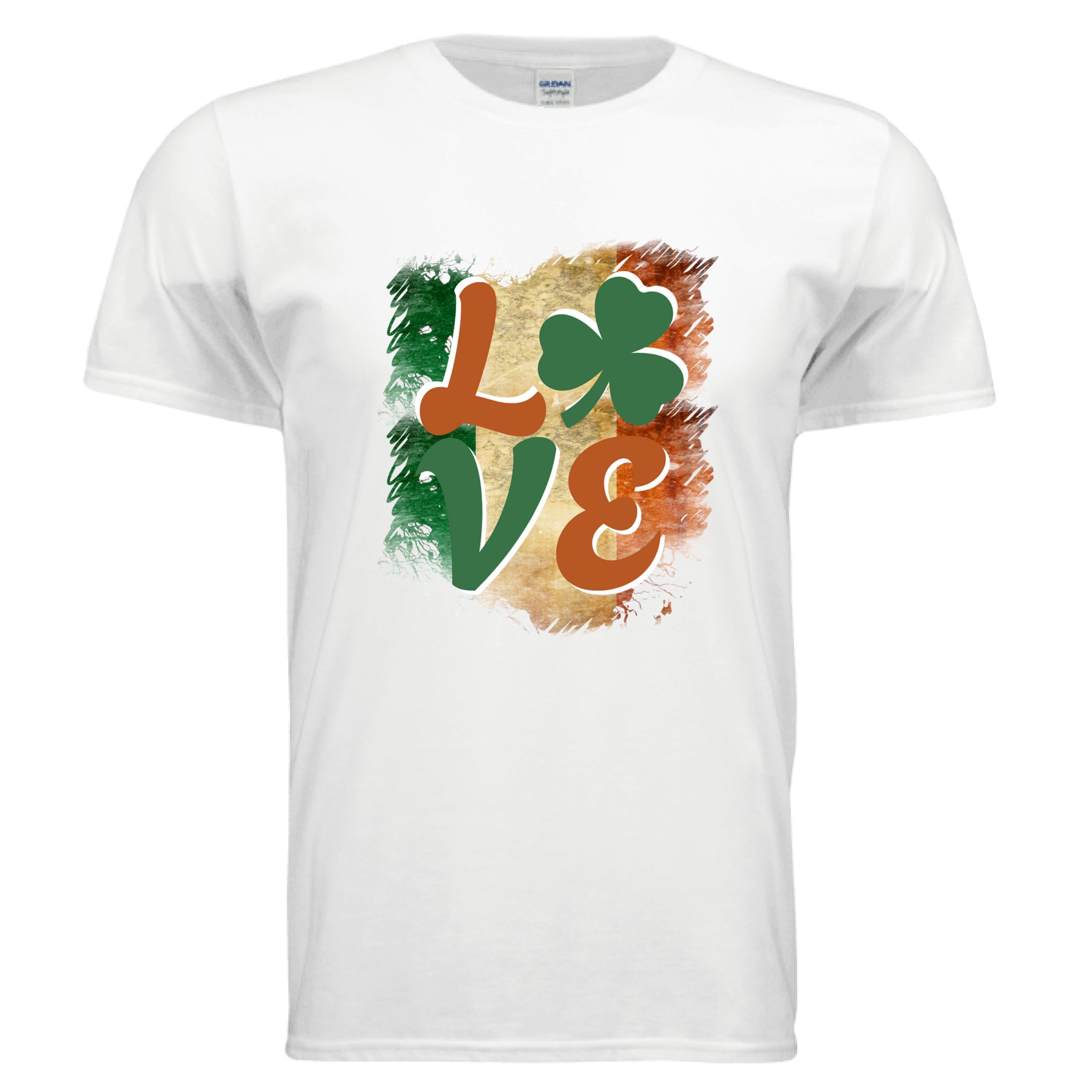 A white Celtic Love t-shirt featuring a vintage-style graphic of the word 'LOVE.' The letters 'L,' 'V,' and 'E' are in a stylized, earthy orange and green font. A vibrant green shamrock replaces the letter 'O.' The entire word is set against a distressed, brushstroke-style background representing the green, white, and orange vertical stripes of the Irish flag.