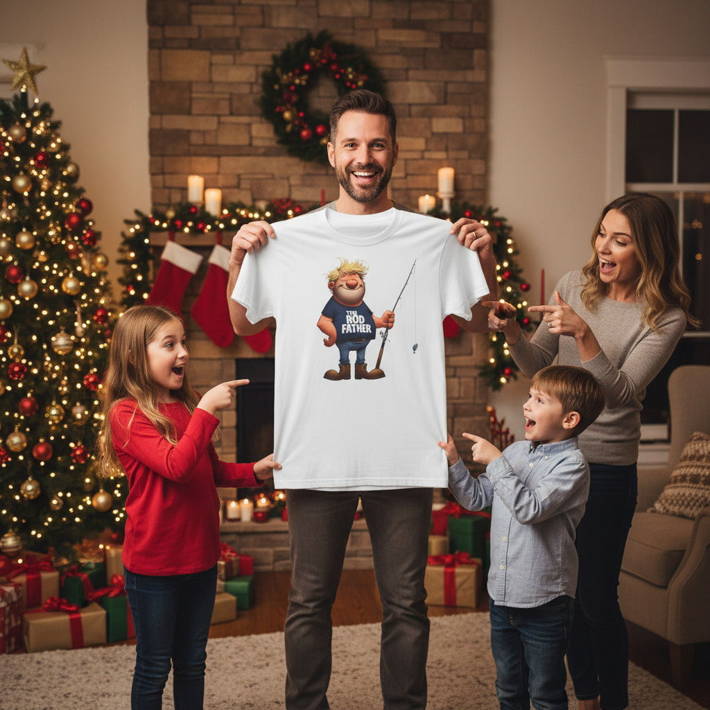 White | Unisex | Christmas Lifestyle | Cartoon Rodfather Fishing T-Shirt | Perfect Gift for Dad