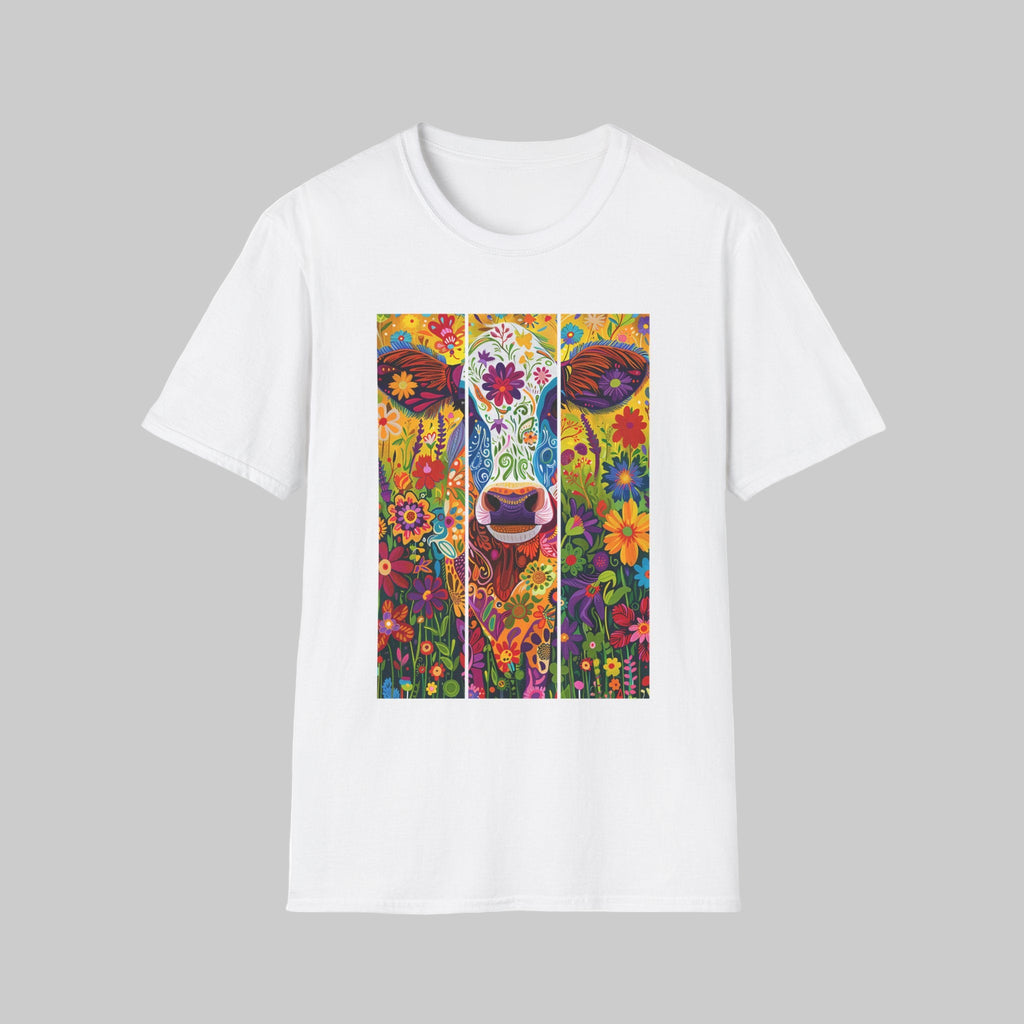 White | Unisex | Colorful Floral Cow T-Shirt - Vibrant Folk Art Farm Animal Tee
