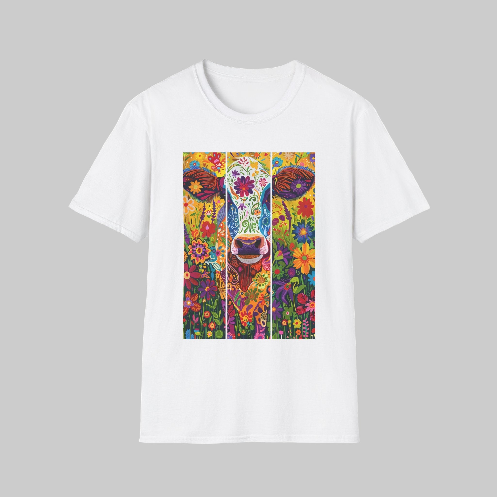 White | Unisex | Colorful Floral Cow T-Shirt - Vibrant Folk Art Farm Animal Tee