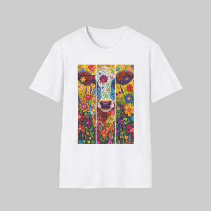 White | Unisex | Colorful Floral Cow T-Shirt - Vibrant Folk Art Farm Animal Tee