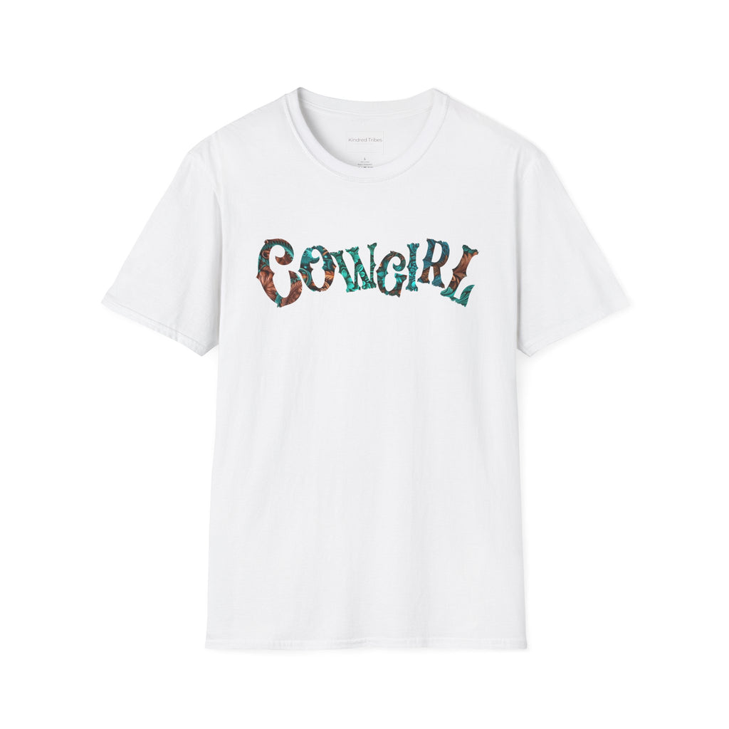 White graphic t-shirt with 'COWGIRL'  text in colorful leather tooled letters.