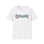 White graphic t-shirt with 'COWGIRL'  text in colorful leather tooled letters.